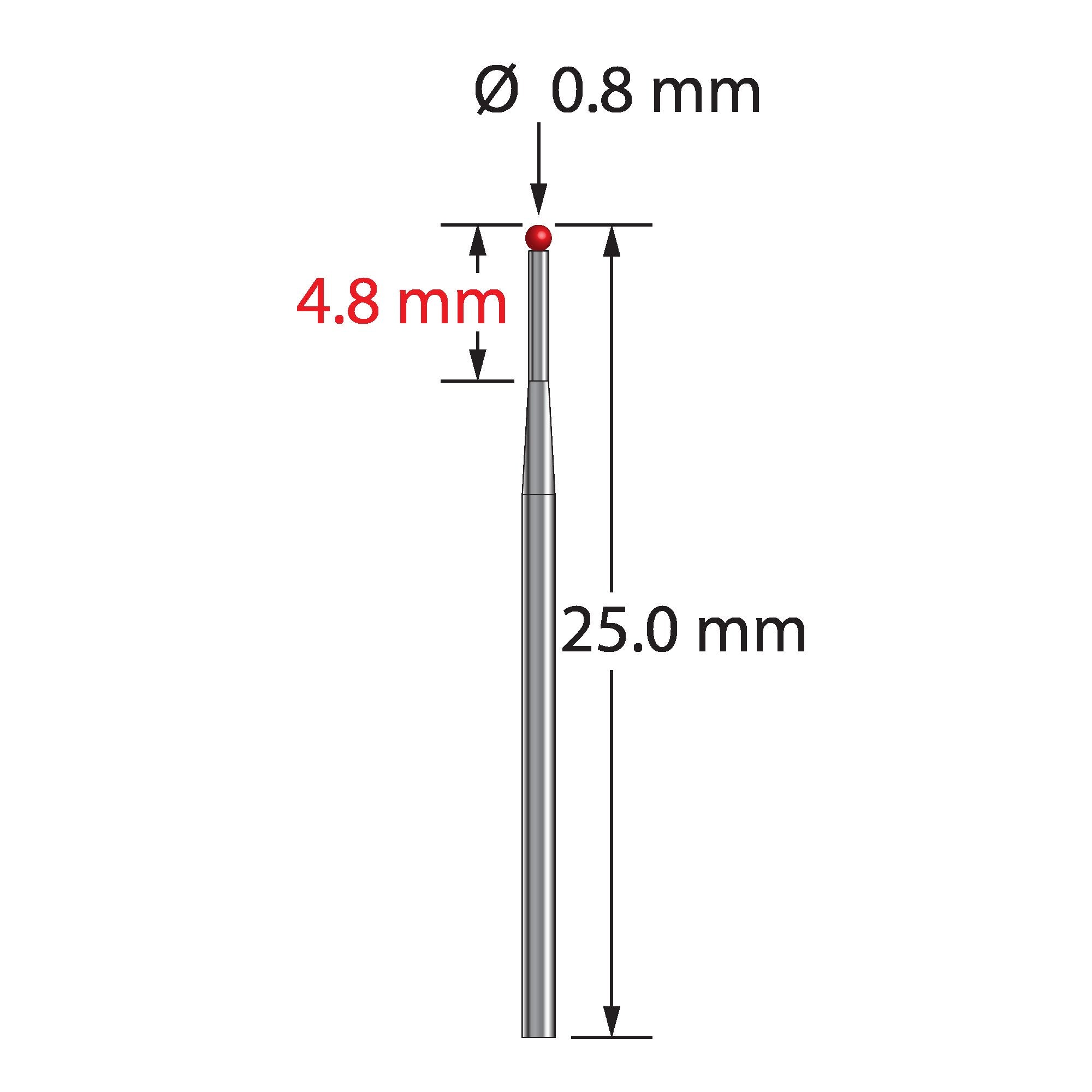 TST-0825-T unthreaded stylus with 0.8mm ruby ball and tapered carbide stem, 25mm long by Q-Mark Manufacturing, Inc.