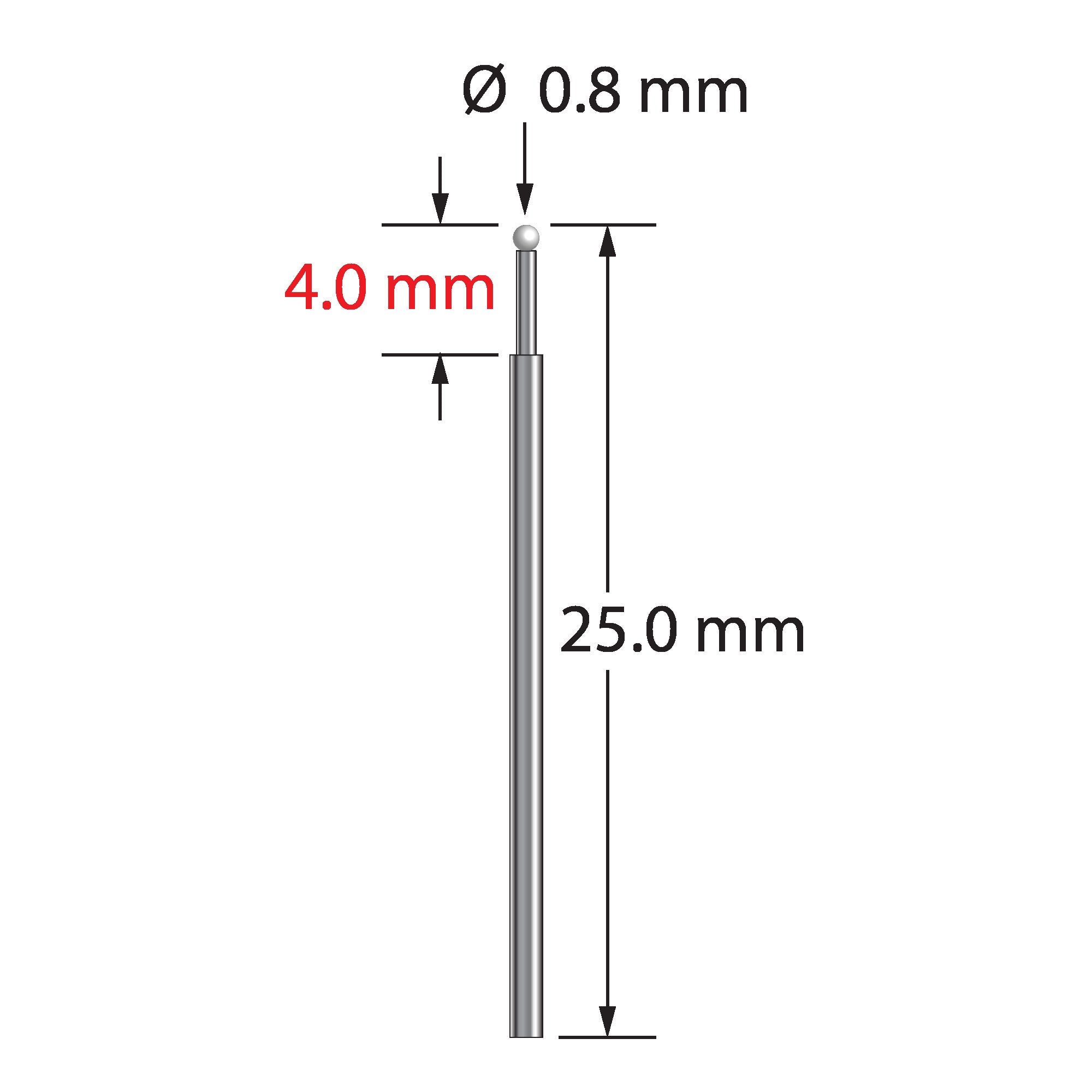 TST-0825-Z unthreaded stylus with 0.8mm zirconia ball and stepped carbide stem, 25mm long.