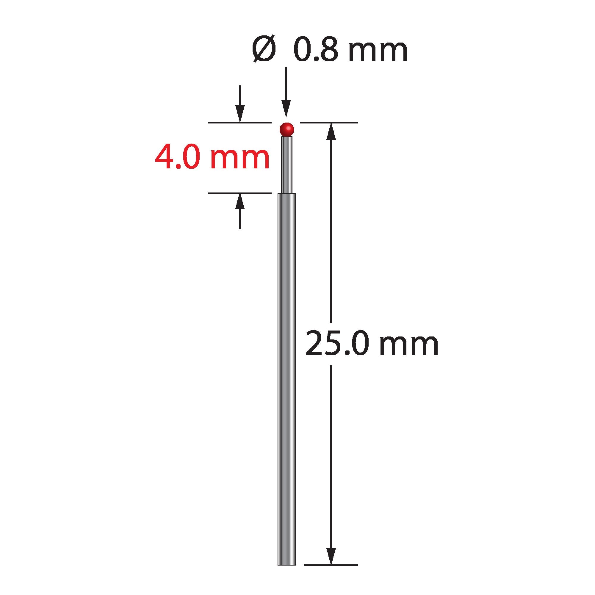 TST-0825 unthreaded stylus with 0.8mm ruby ball, stepped carbide stem, 25mm length by Q-Mark Manufacturing, Inc.