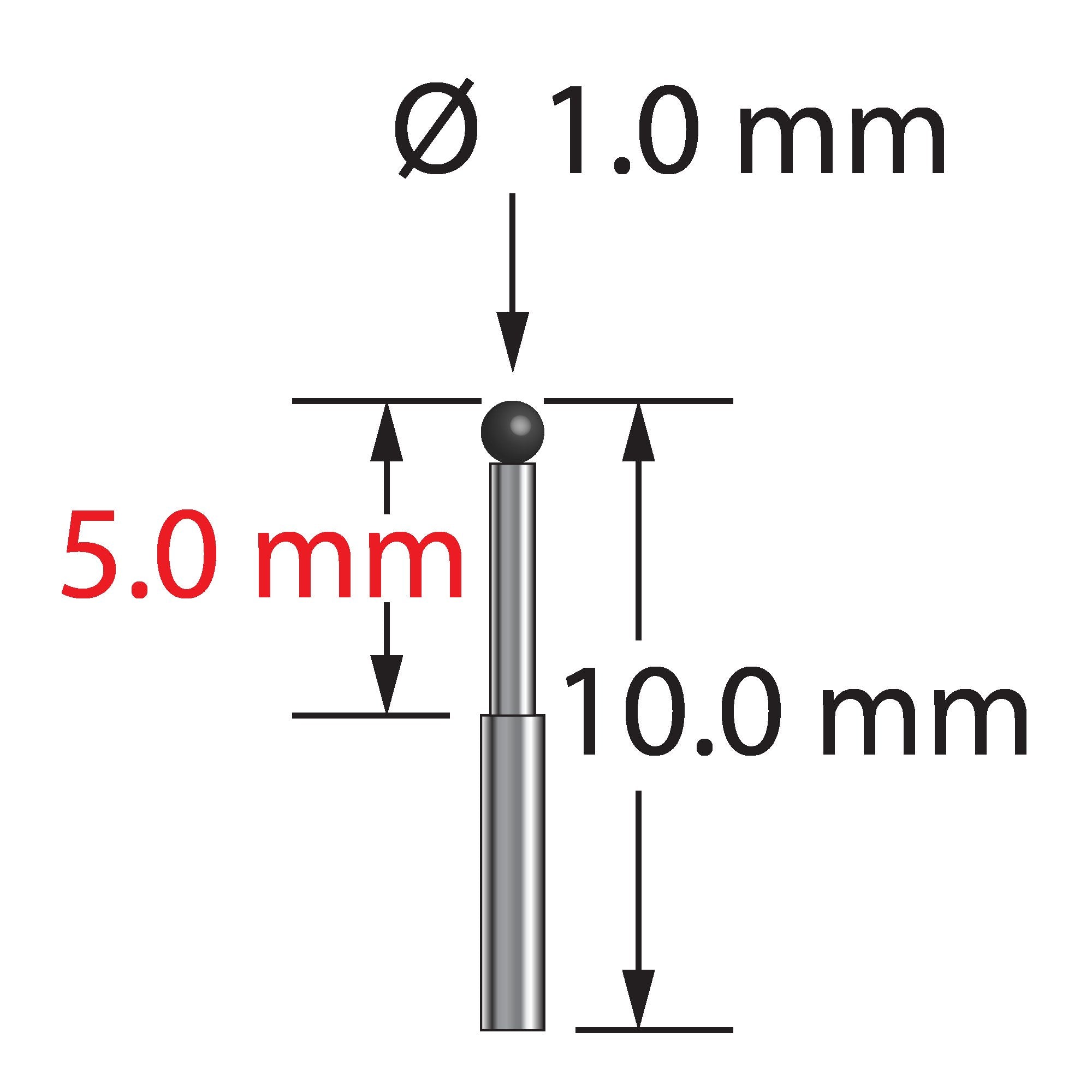 TST-1010-SN unthreaded stylus with 1.0mm silicon nitride ball and stepped carbide stem, 10.0mm long by Q-Mark Manufacturing, Inc.