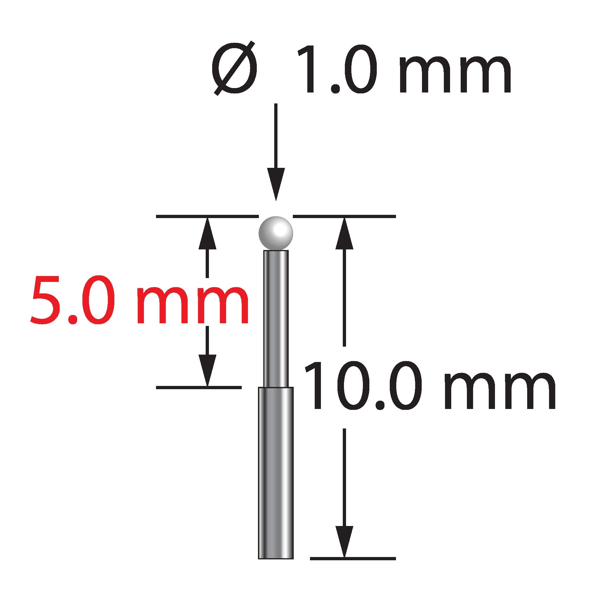 TST-1010-Z unthreaded stylus with 1.0mm zirconia ball and stepped carbide stem by Q-Mark Manufacturing, Inc.
