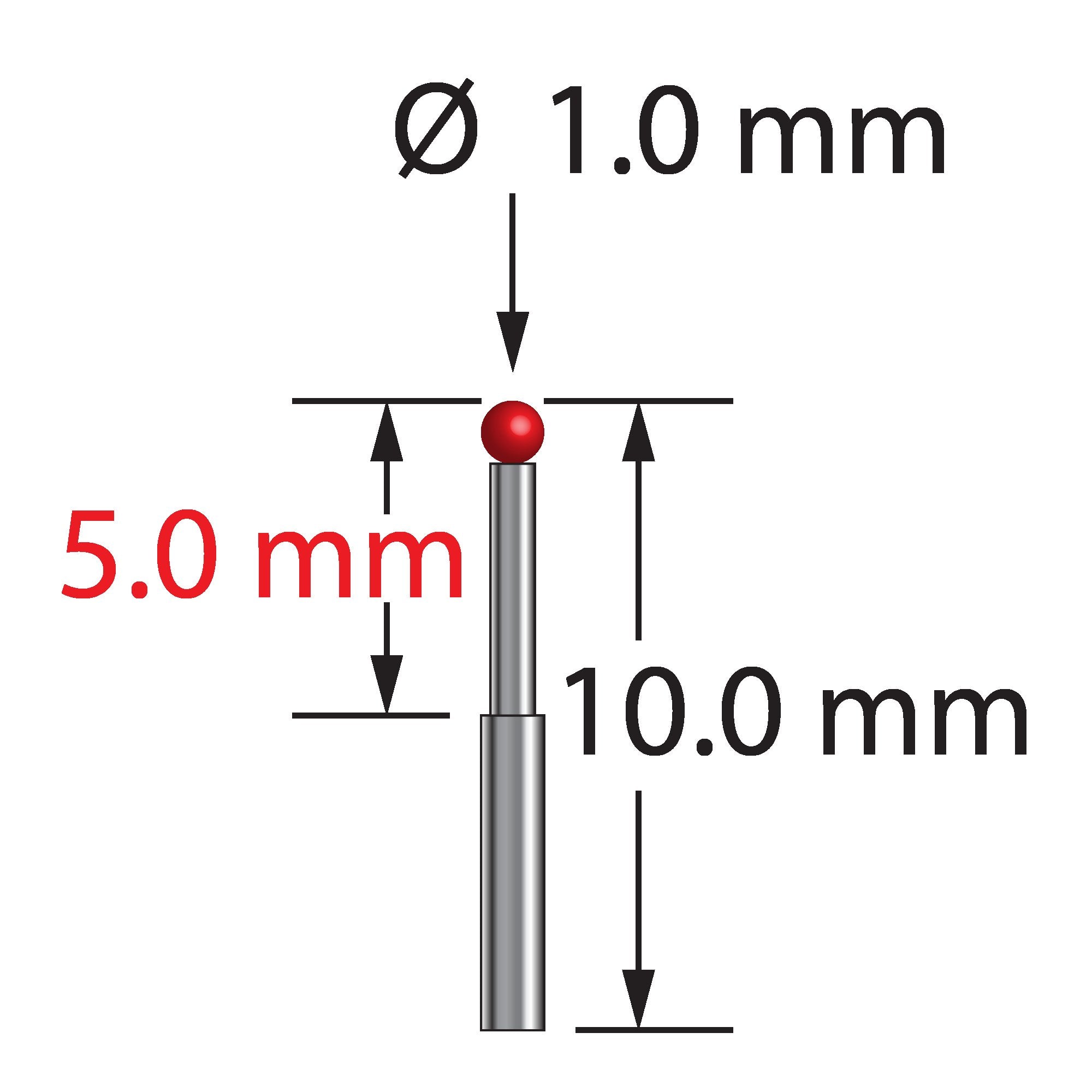 TST-1010 unthreaded stylus with 1.0mm ruby ball and stepped carbide stem, 10.0mm length by Q-Mark Manufacturing, Inc.