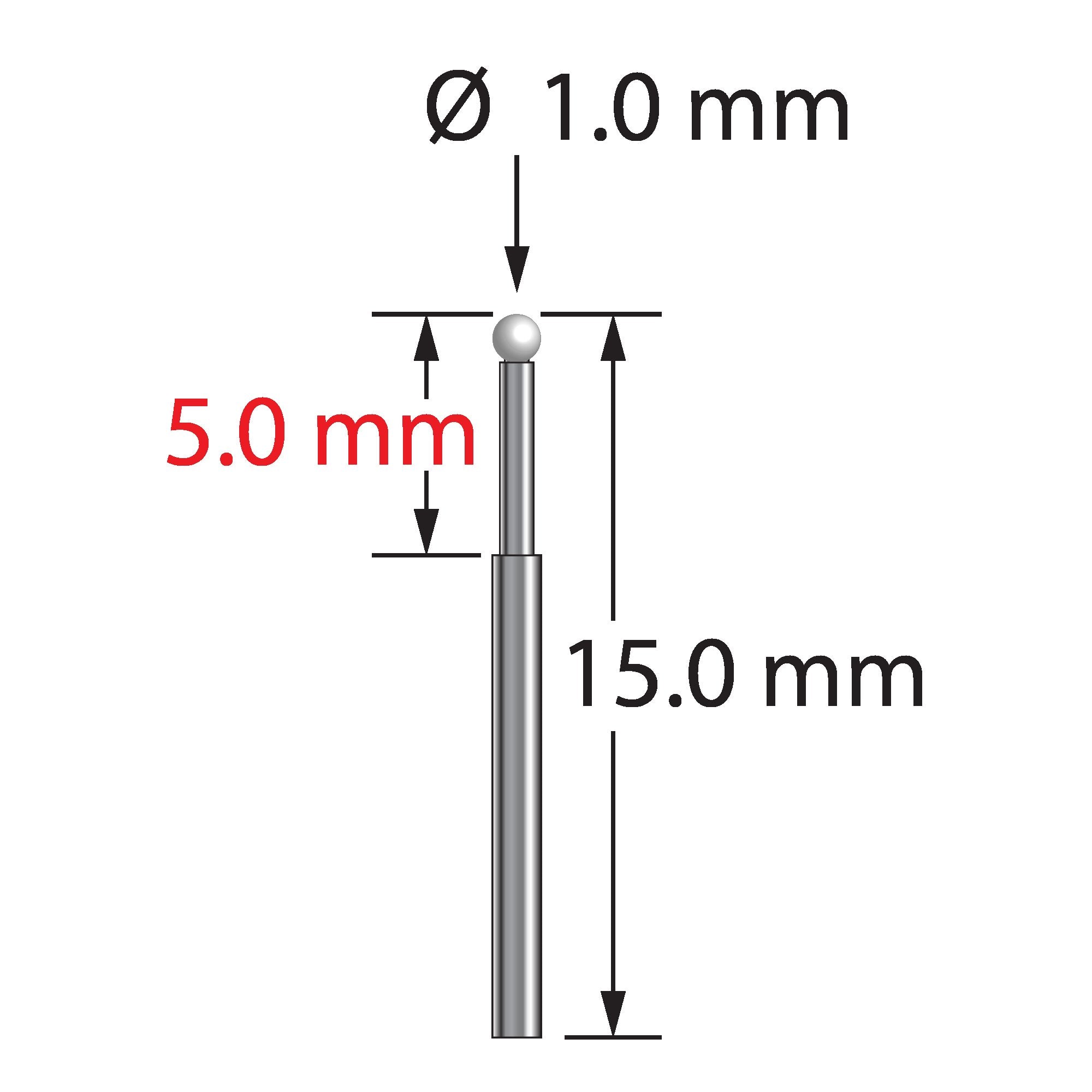 TST-1015-Z unthreaded stylus with 1.0mm zirconia ball and stepped carbide stem, 15.0mm long by Q-Mark Manufacturing, Inc.