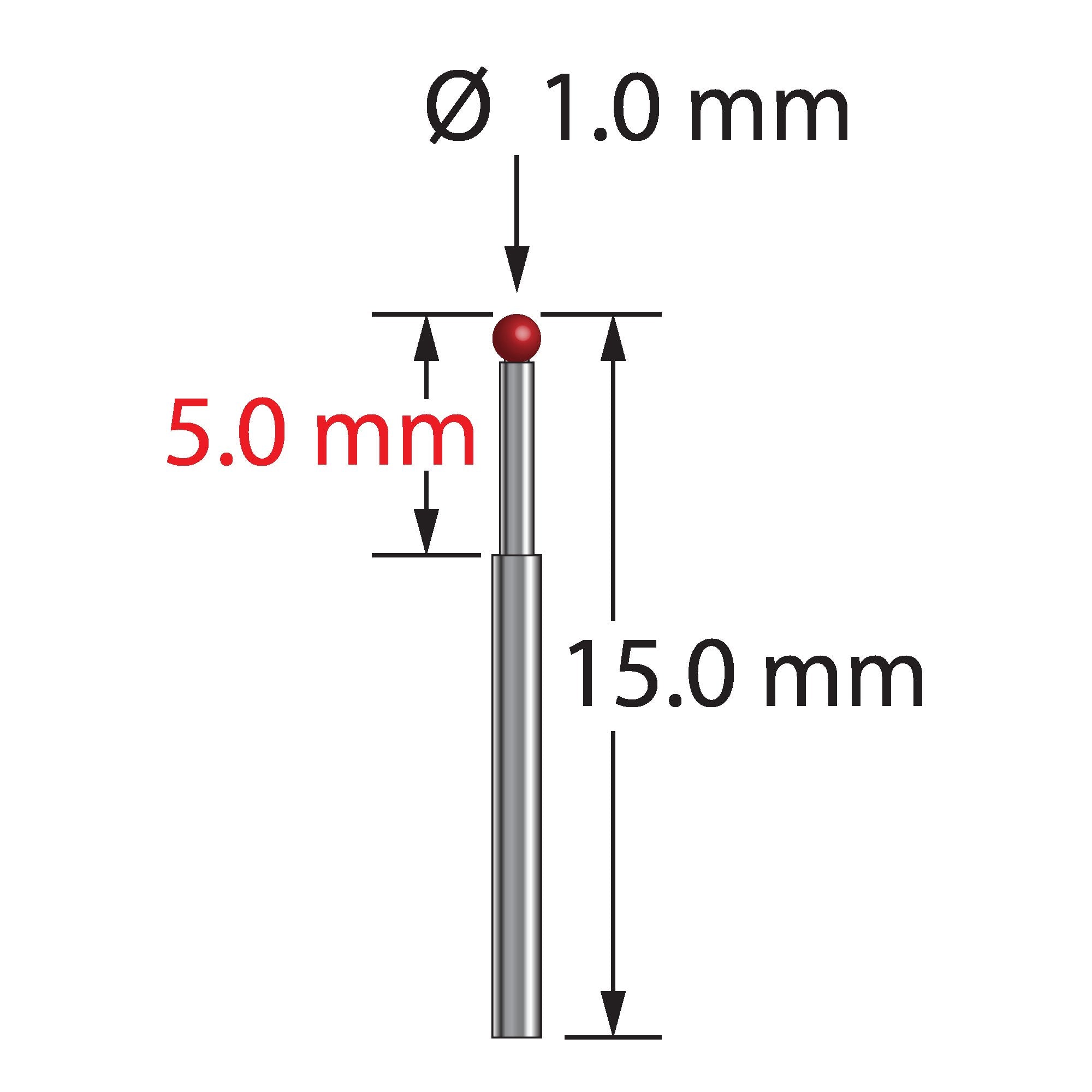 TST-1015 stylus with 1.0mm ruby ball and stepped carbide stem, 15.0mm long by Q-Mark Manufacturing, Inc.