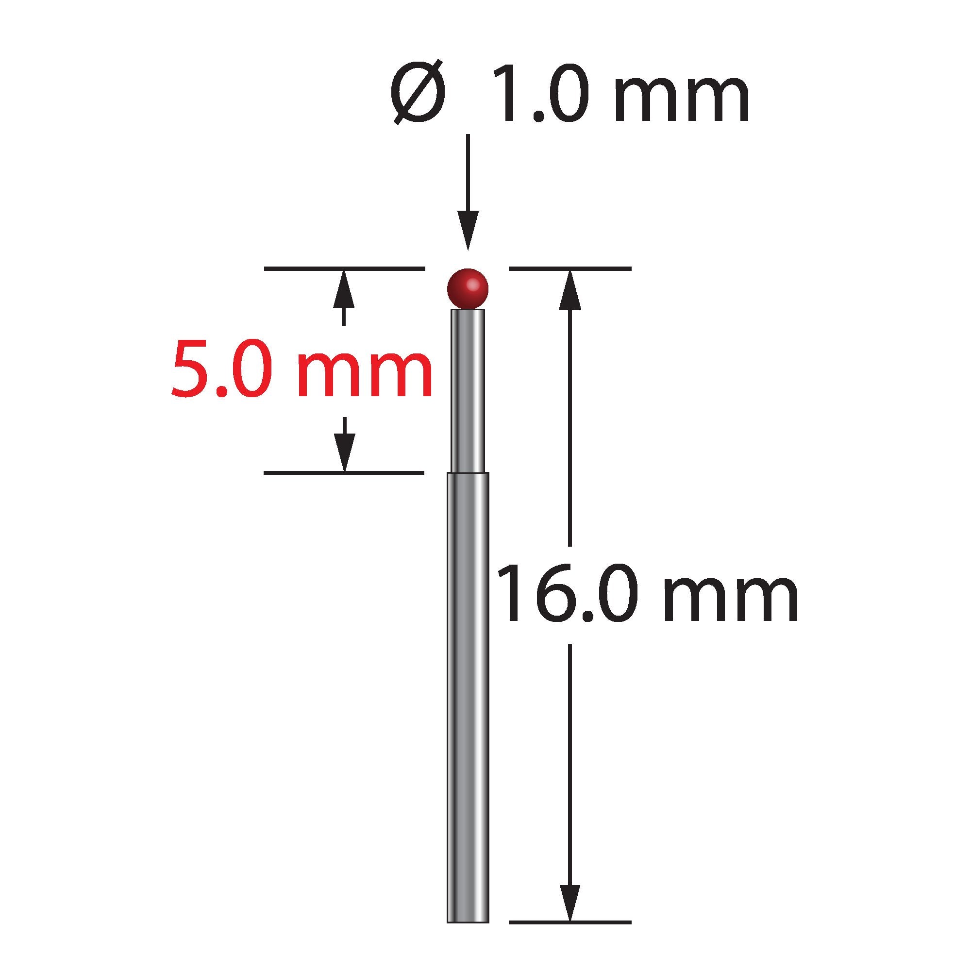 TST-1016-TX unthreaded stylus with 1.0mm ruby ball and stepped carbide stem, 16.0mm long by Q-Mark Manufacturing, Inc.