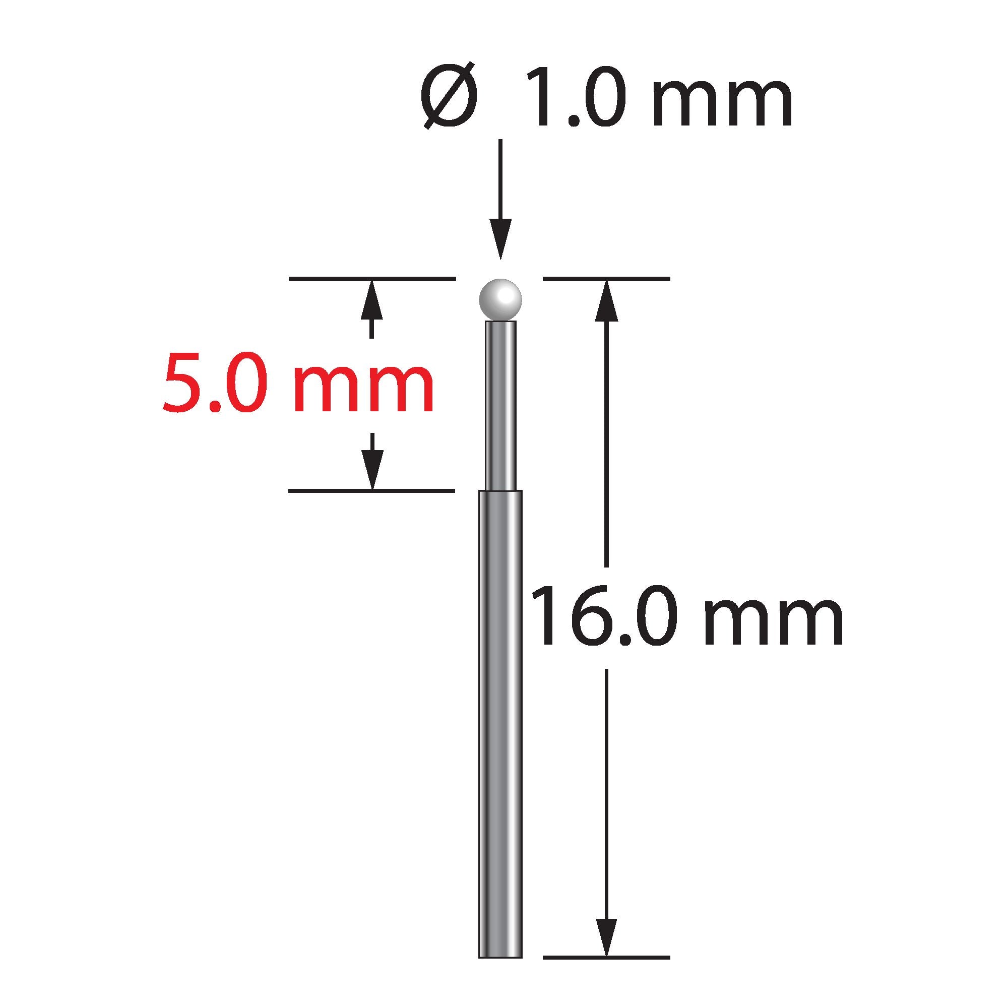 TST-1016-Z unthreaded stylus with 1.0mm zirconia ball, carbide stem, 16.0mm length by Q-Mark Manufacturing, Inc.