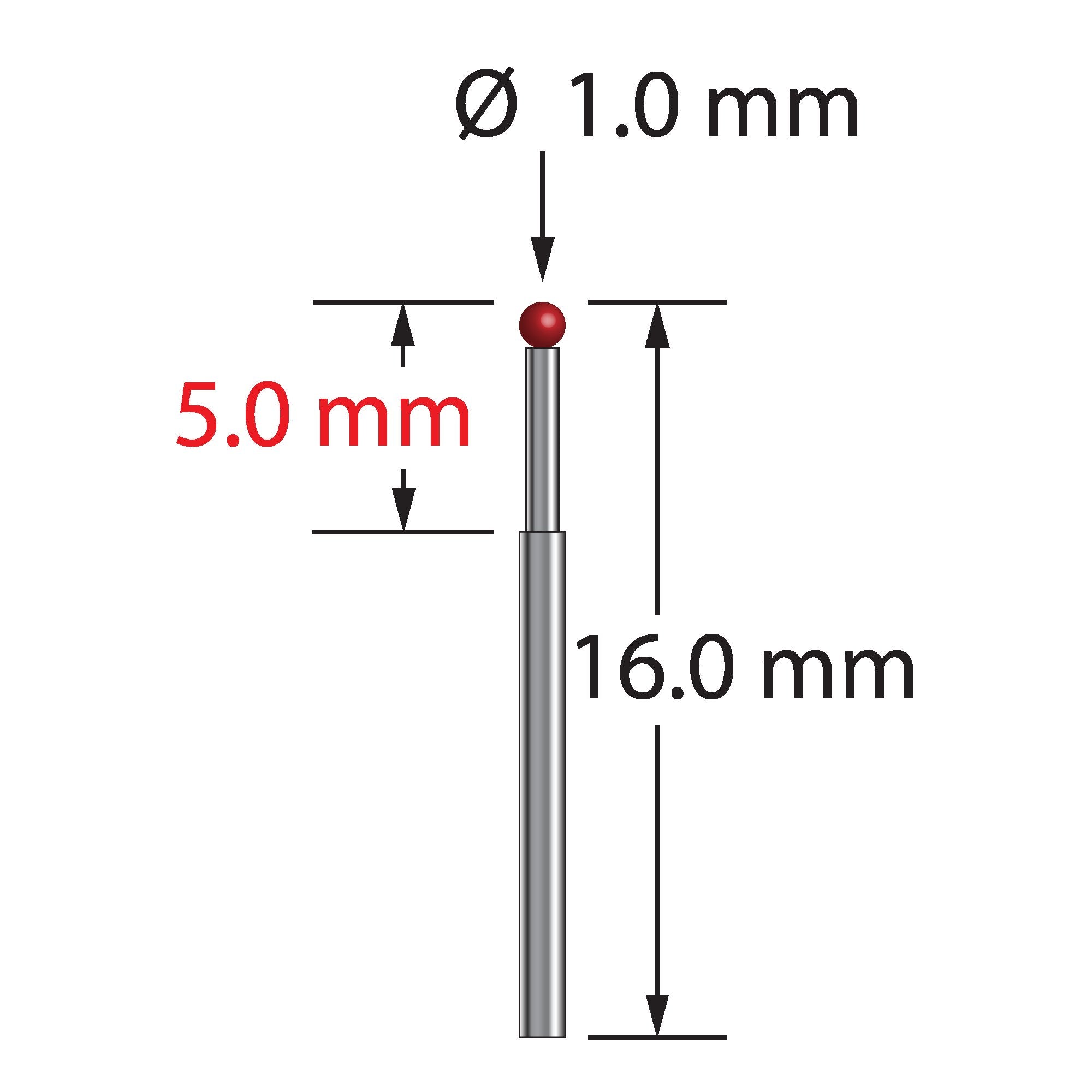 TST-1016 unthreaded stylus with 1.0mm ruby ball and stepped carbide stem, 16.0mm long.