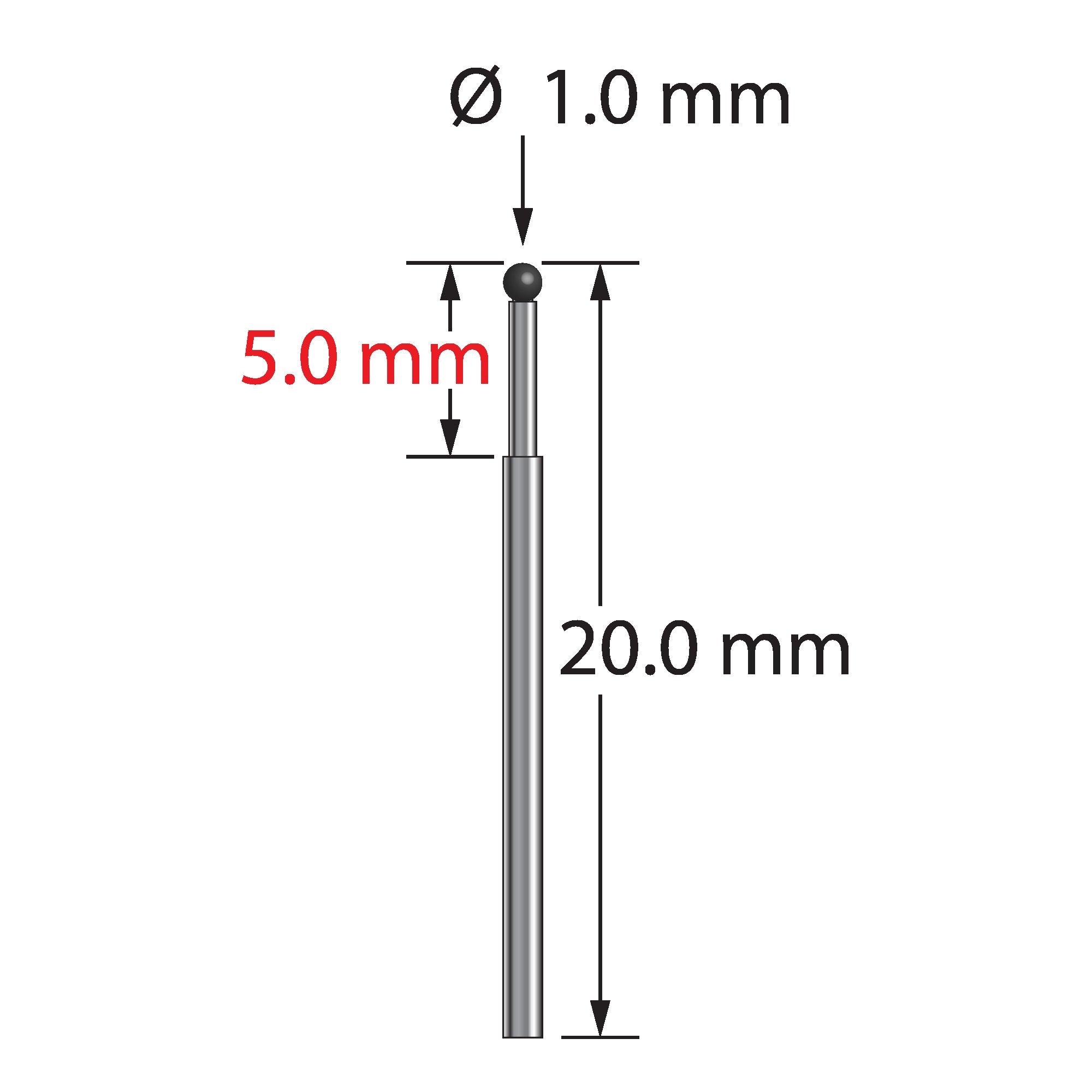 TST-1020-SN unthreaded stylus with 1.0mm silicon nitride ball and stepped carbide stem, 20.0mm long by Q-Mark Manufacturing, Inc.