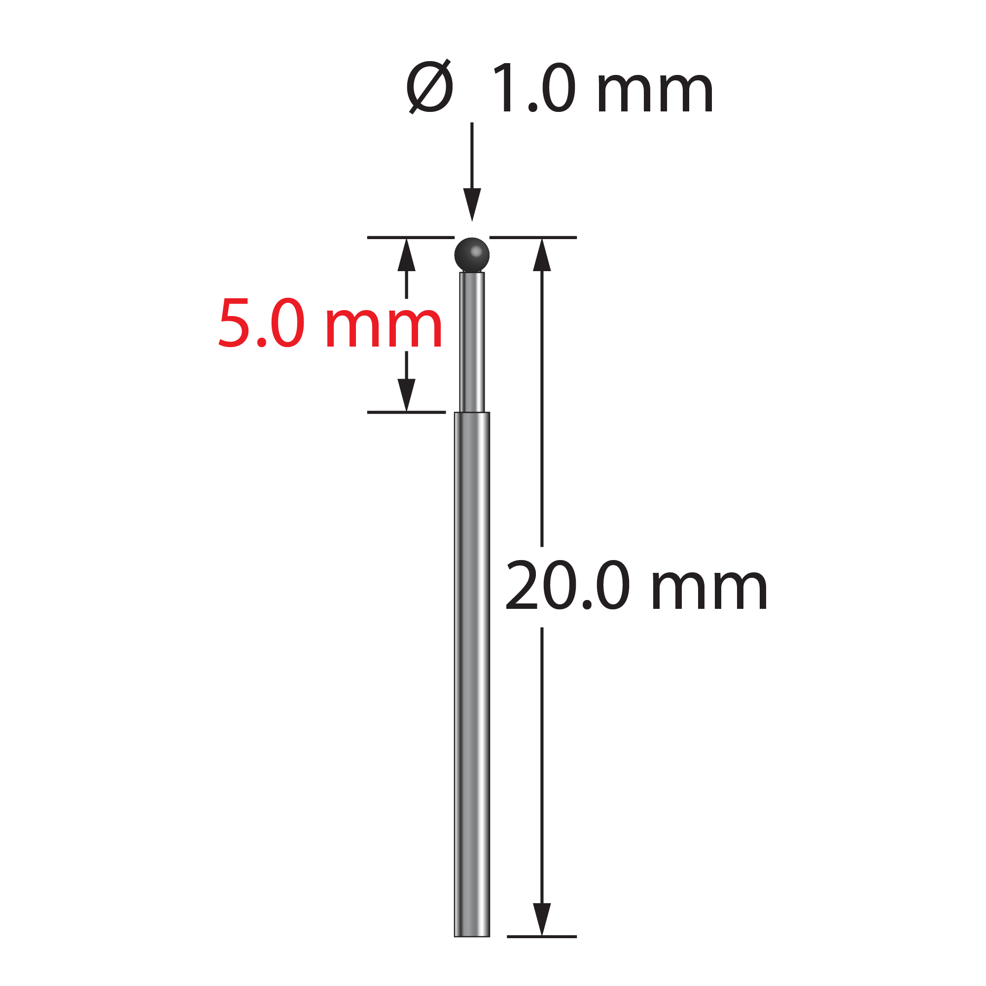 TST-1020-SN unthreaded stylus with 1.0mm silicon nitride ball and stepped carbide stem, 20.0mm long by Q-Mark Manufacturing, Inc.