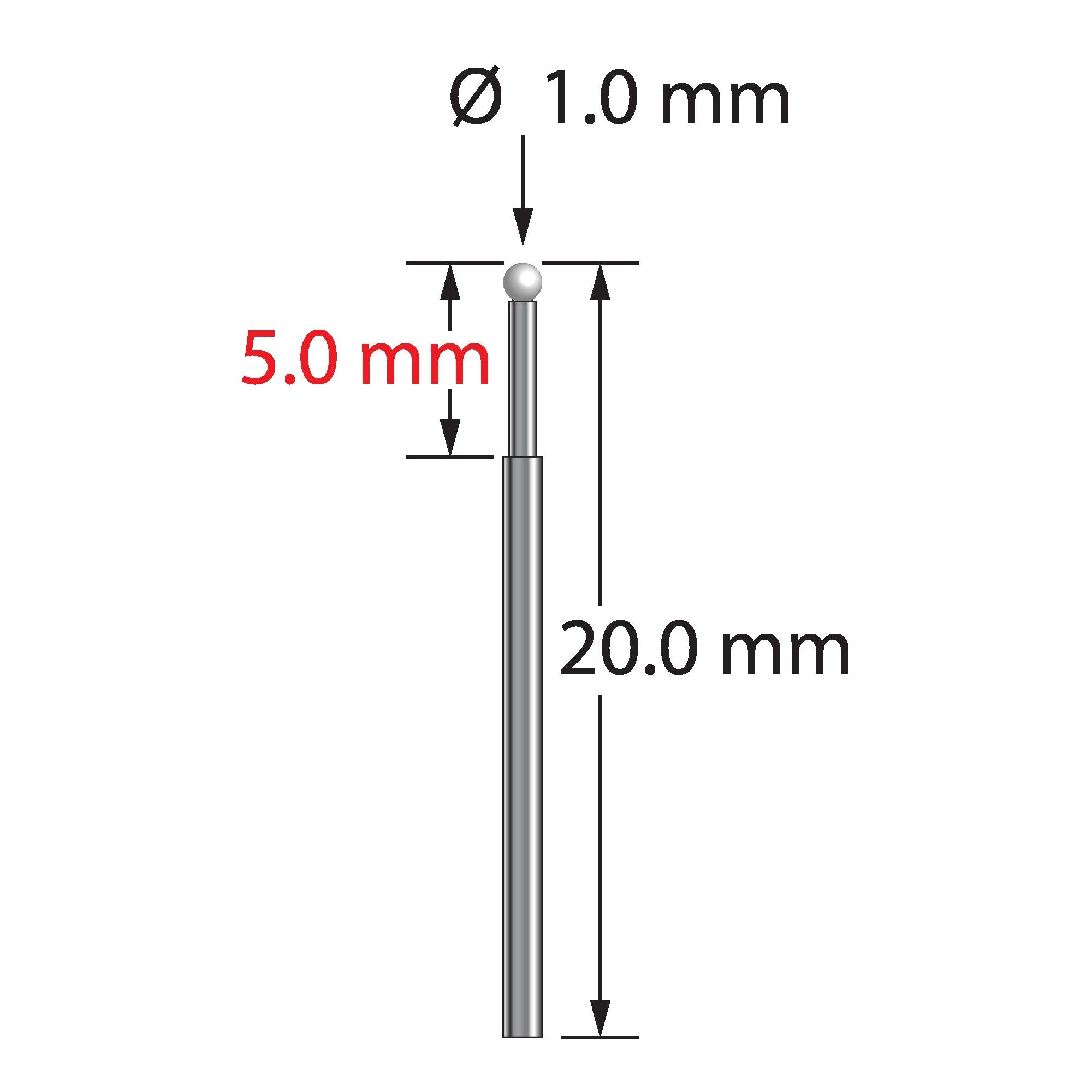TST-1020-Z unthreaded stylus with 1.0mm zirconia ball and stepped carbide stem, 20.0mm long, by Q-Mark Manufacturing, Inc.