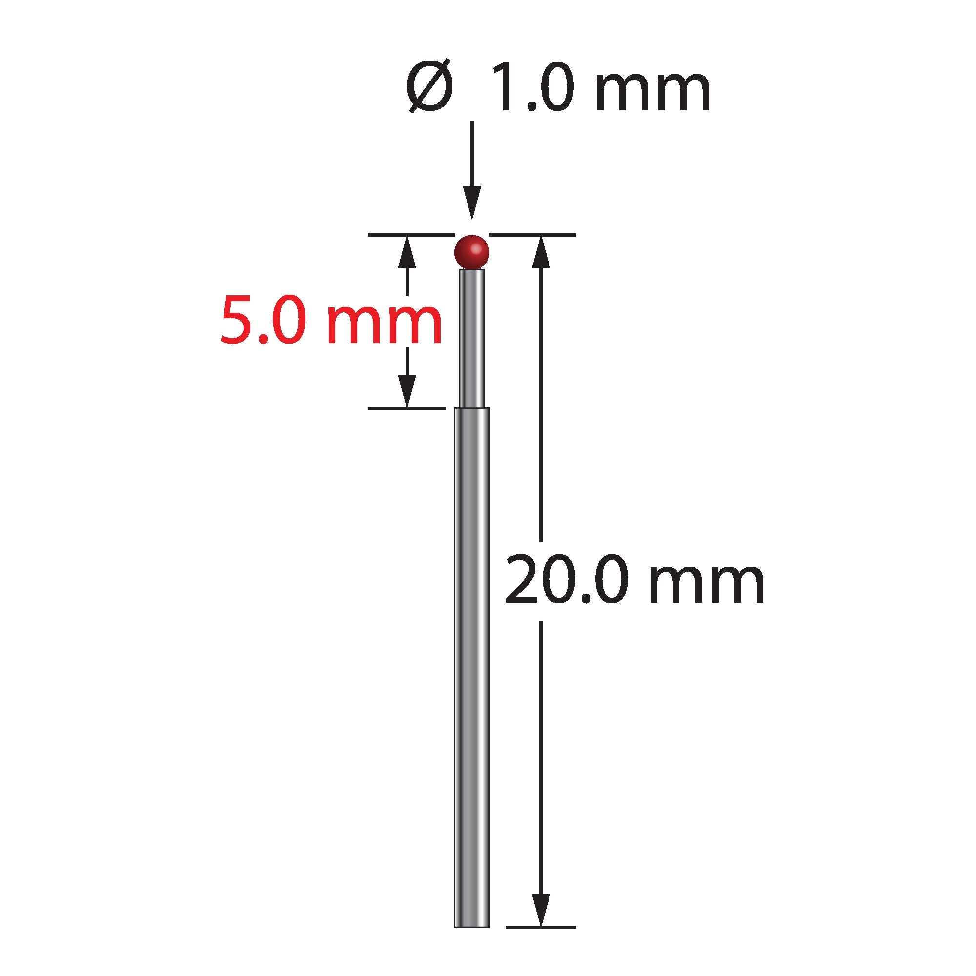 TST-1020 unthreaded stylus with 1.0mm ruby ball and stepped carbide stem, 20.0mm long by Q-Mark Manufacturing, Inc.