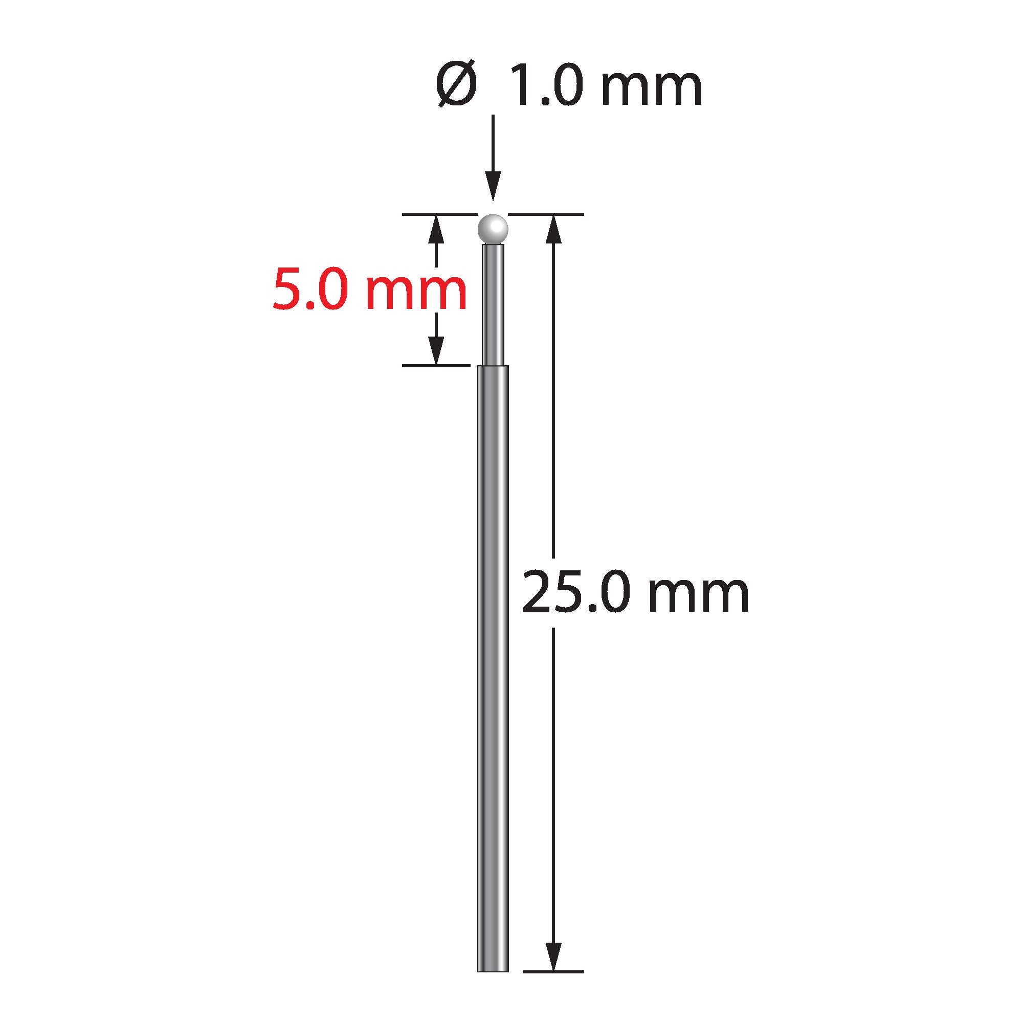 TST-1025-Z unthreaded stylus with 1.0mm zirconia ball and stepped carbide stem, 25.0mm long by Q-Mark Manufacturing, Inc.