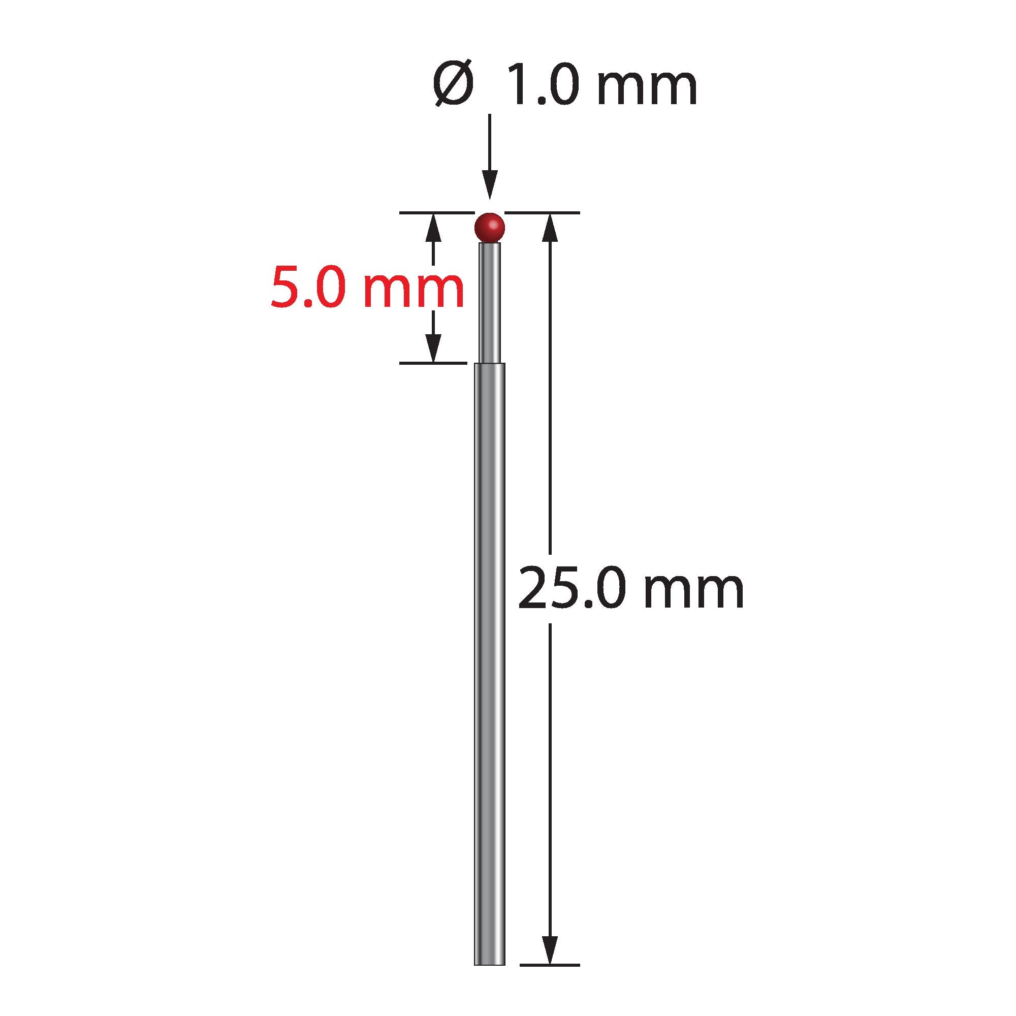 TST-1025 unthreaded stylus with 1.0mm ruby ball, carbide stem, 25.0mm length by Q-Mark Manufacturing, Inc.