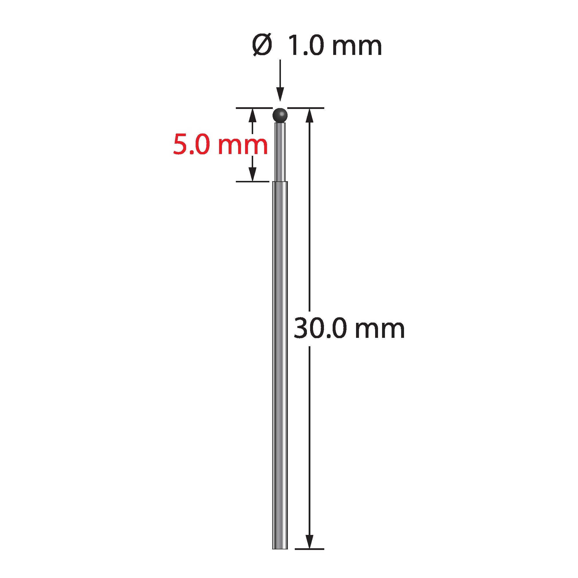TST-1030-SN unthreaded stylus with 1.0mm silicon nitride ball and stepped carbide stem, 30.0mm long by Q-Mark Manufacturing, Inc.
