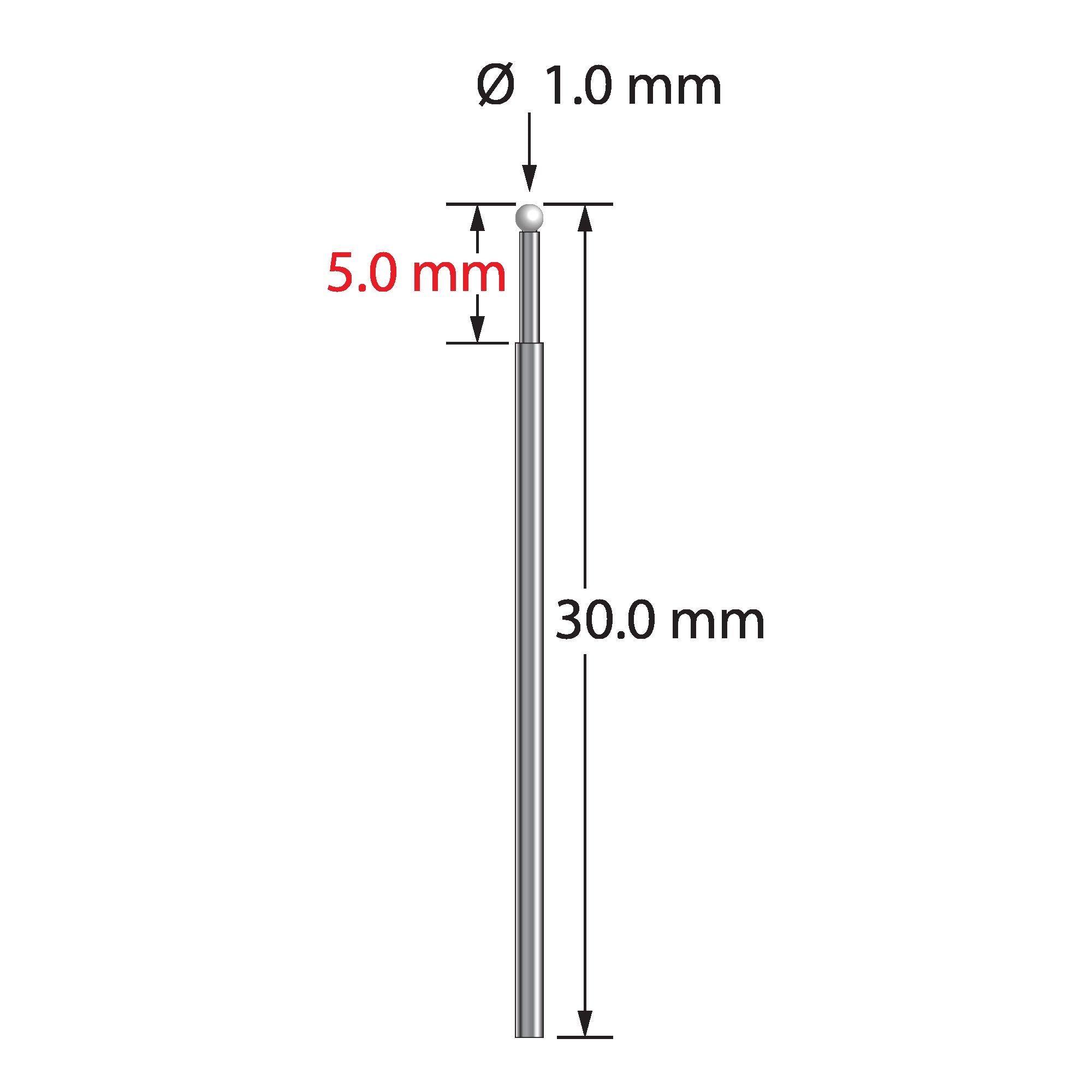 TST-1030-Z unthreaded stylus with 1.0mm zirconia ball and stepped carbide stem, 30.0mm long by Q-Mark Manufacturing, Inc.