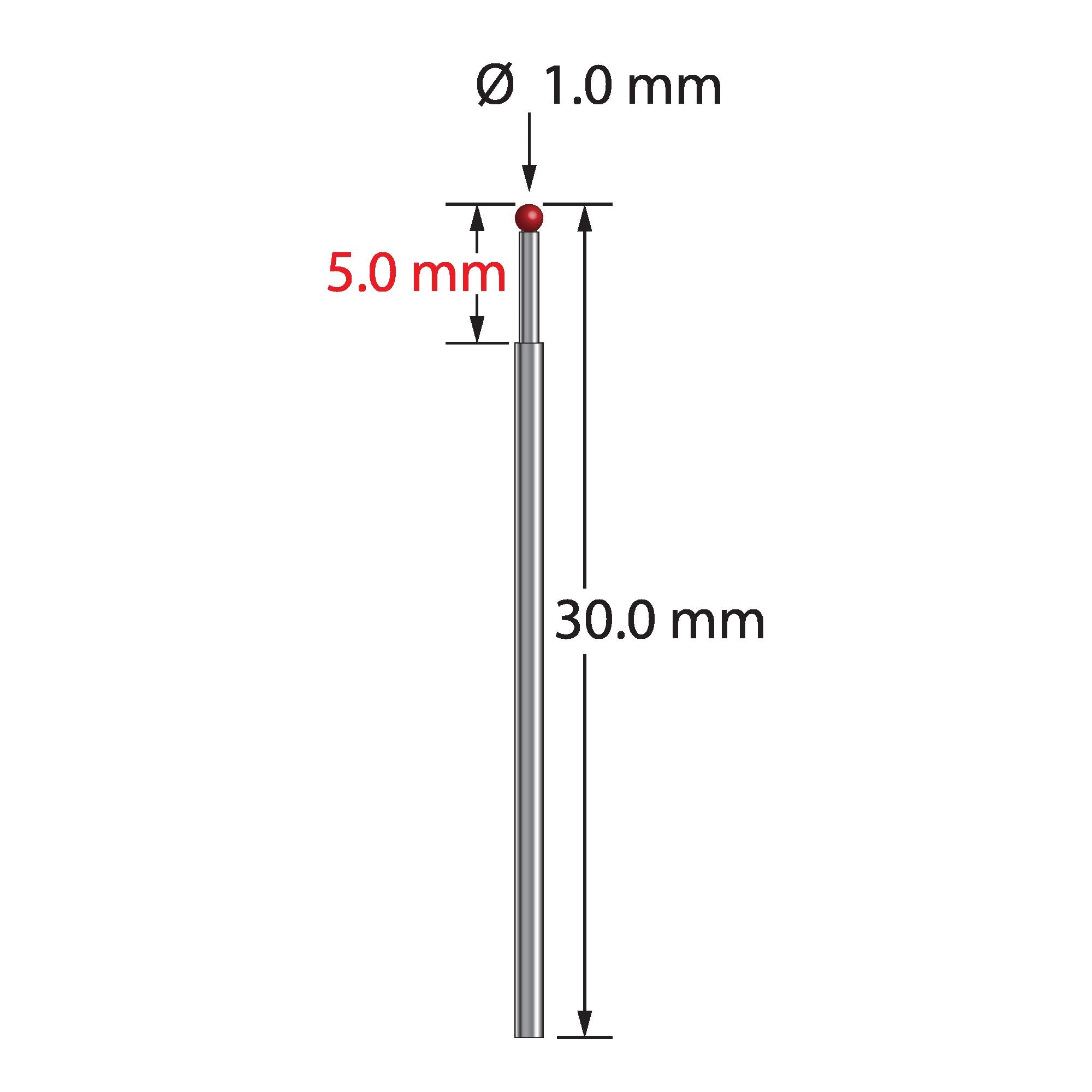 TST-1030 unthreaded stylus with 1.0mm ruby ball and stepped carbide stem, 30.0mm long.
