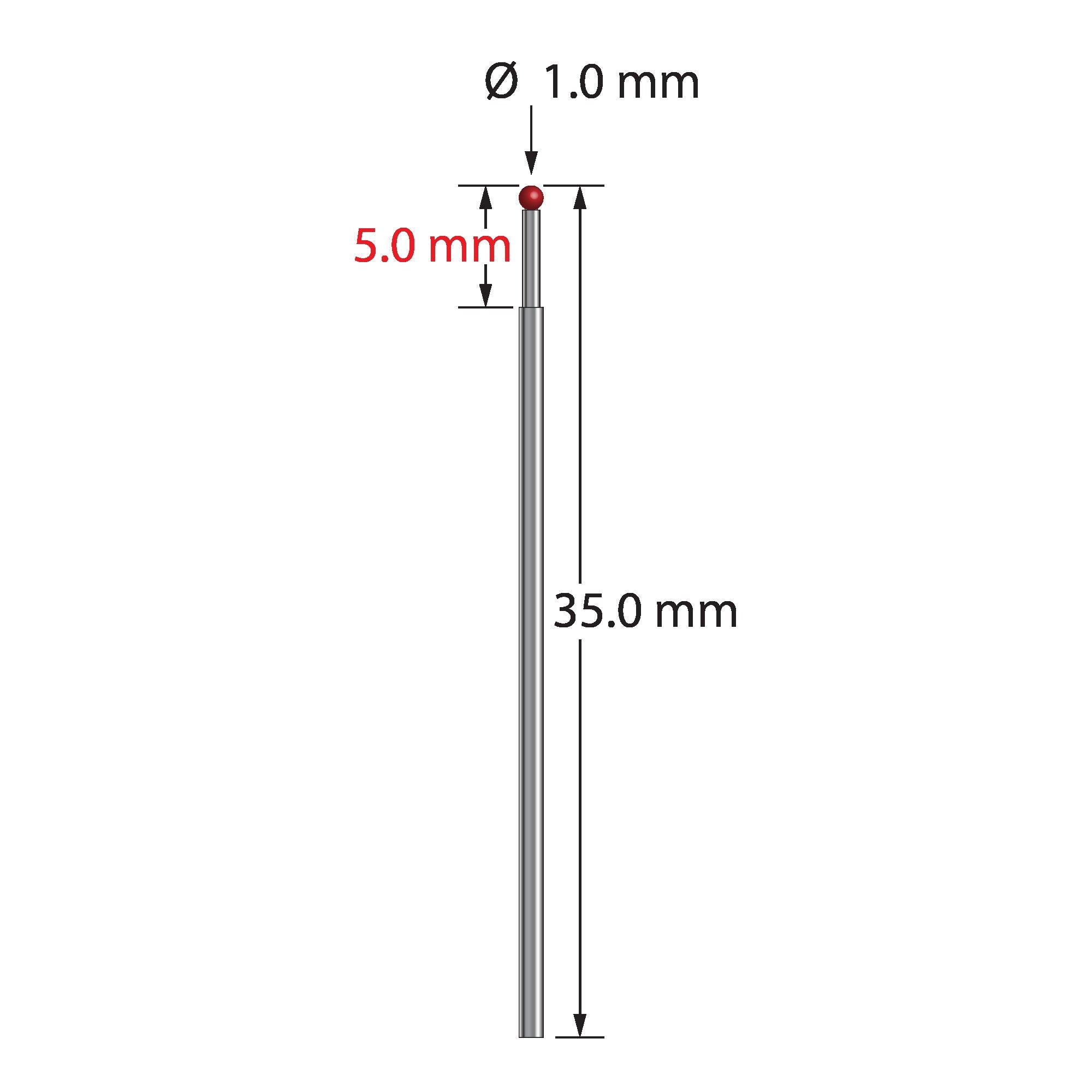 TST-1035 unthreaded stylus with 1.0mm ruby ball and stepped carbide stem, 35.0mm long.