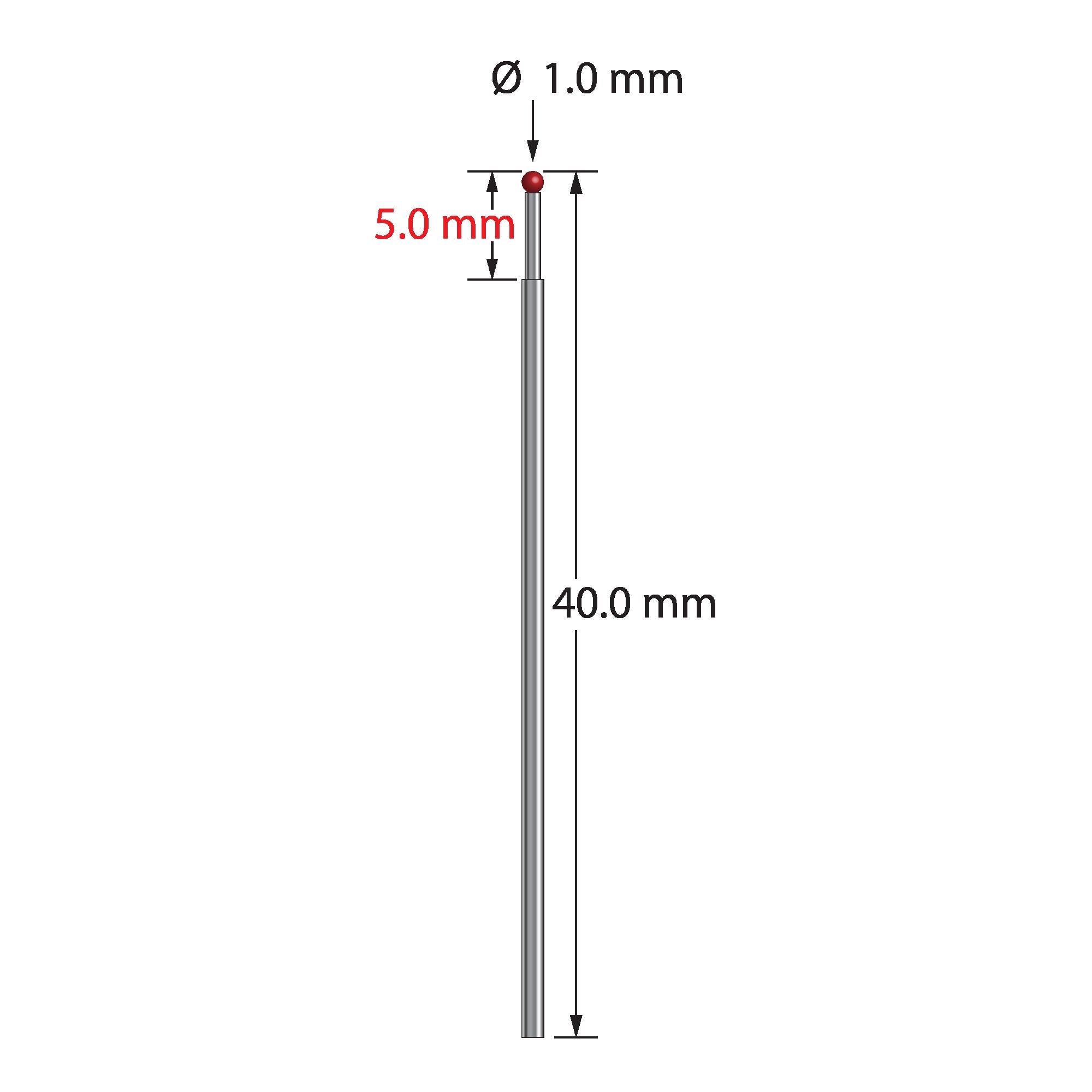 TST-1040 unthreaded stylus with 1.0mm ruby ball and stepped carbide stem, 40.0mm long by Q-Mark Manufacturing, Inc.