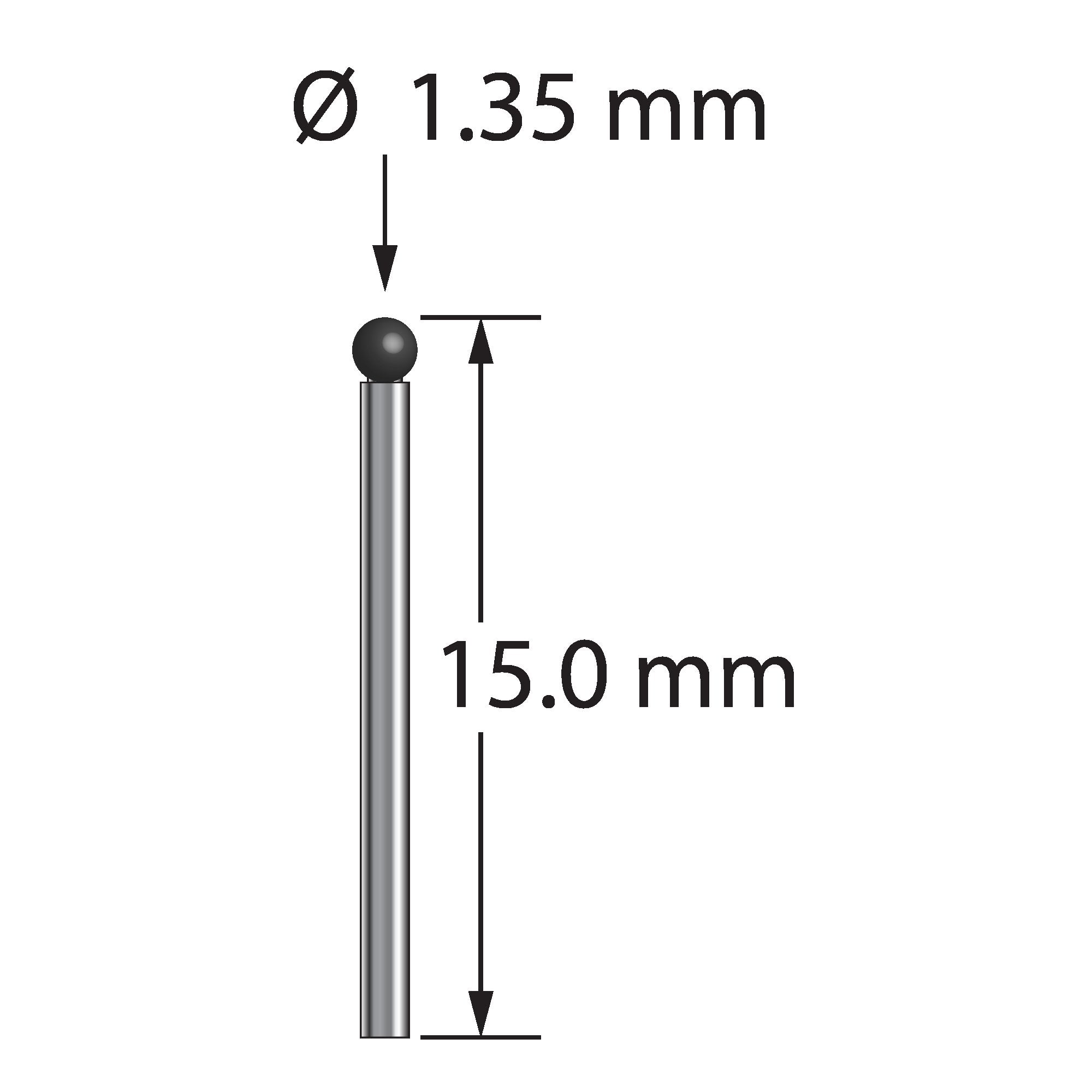 TST-1315-SN unthreaded stylus with 1.35mm silicon nitride ball and carbide stem, 15.0mm long.