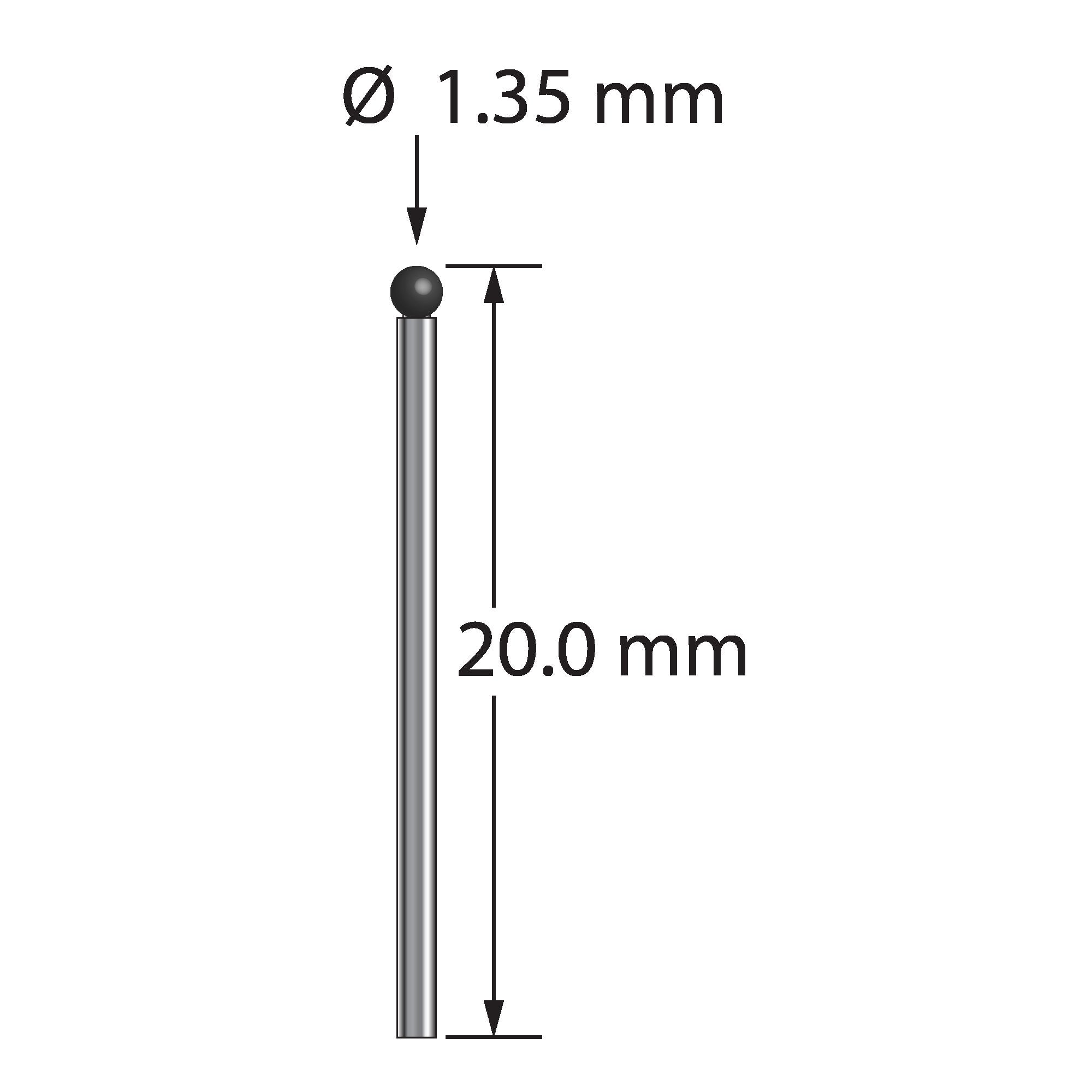 TST-1320-SN unthreaded stylus with 1.35mm silicon nitride ball and carbide stem, 20.0mm long.