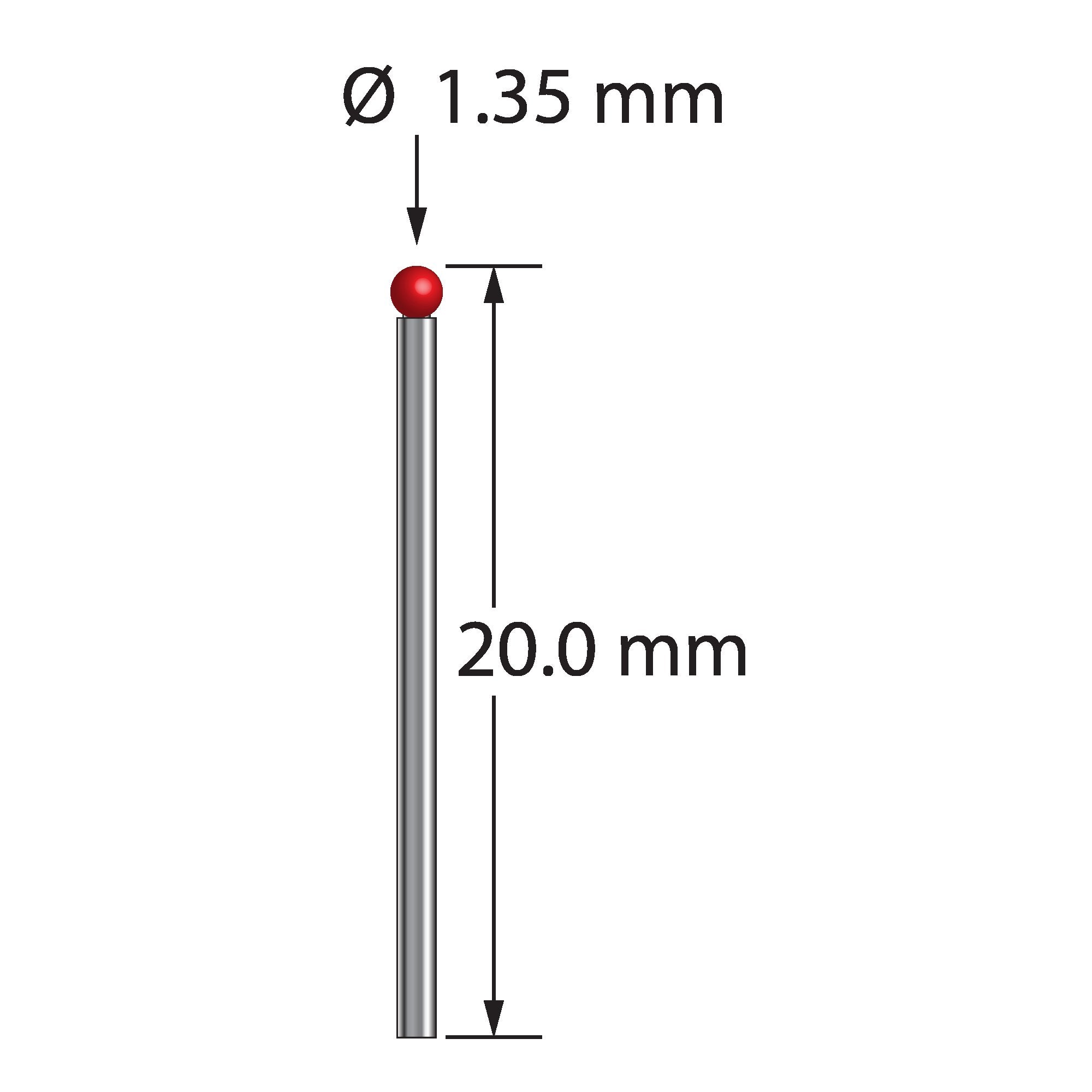 TST-1320 unthreaded stylus with 1.35mm ruby ball and carbide stem, 20.0mm long by Q-Mark Manufacturing, Inc.
