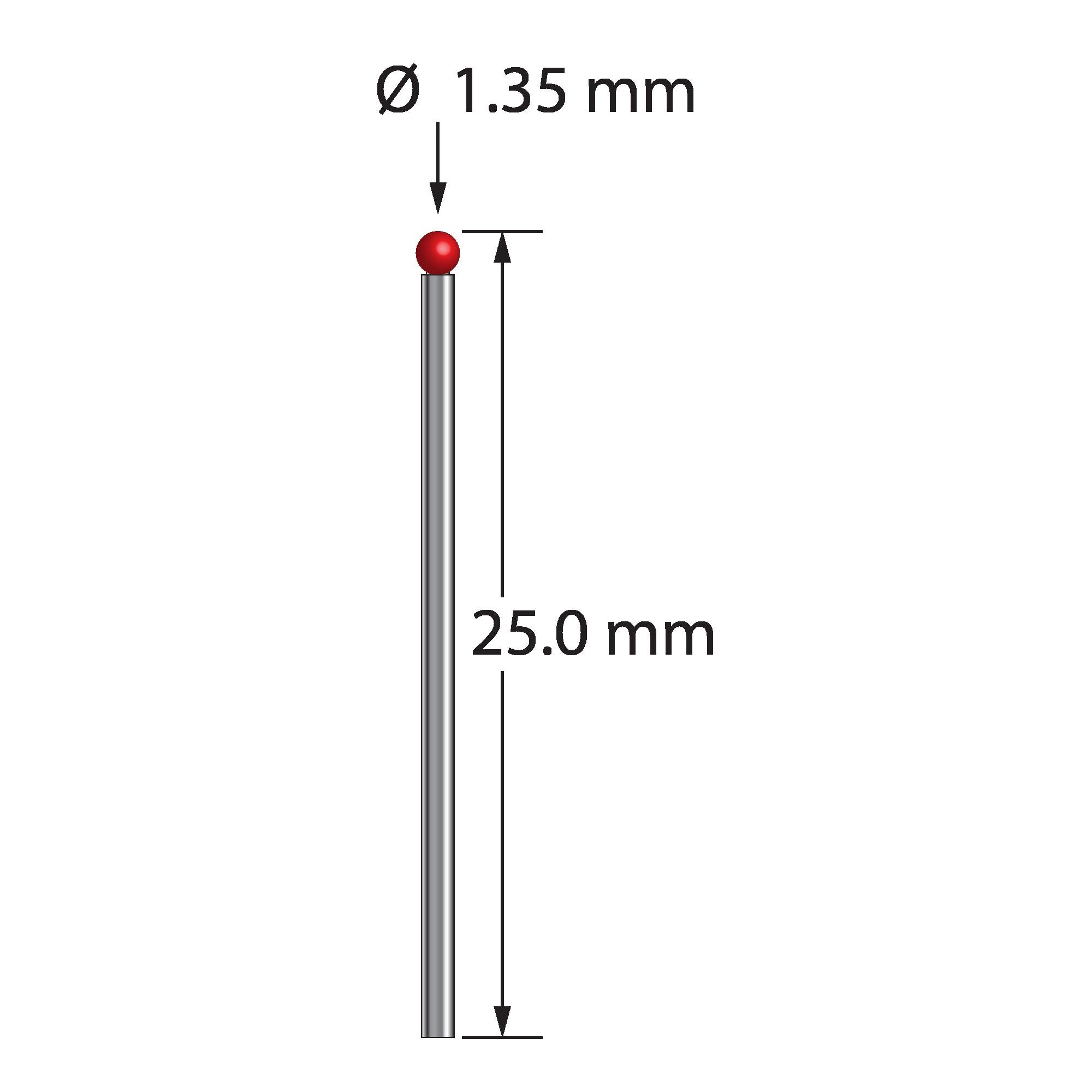 TST-1325 stylus with 1.35mm ruby ball and 1.0mm carbide stem, 25.0mm long, by Q-Mark Manufacturing, Inc.