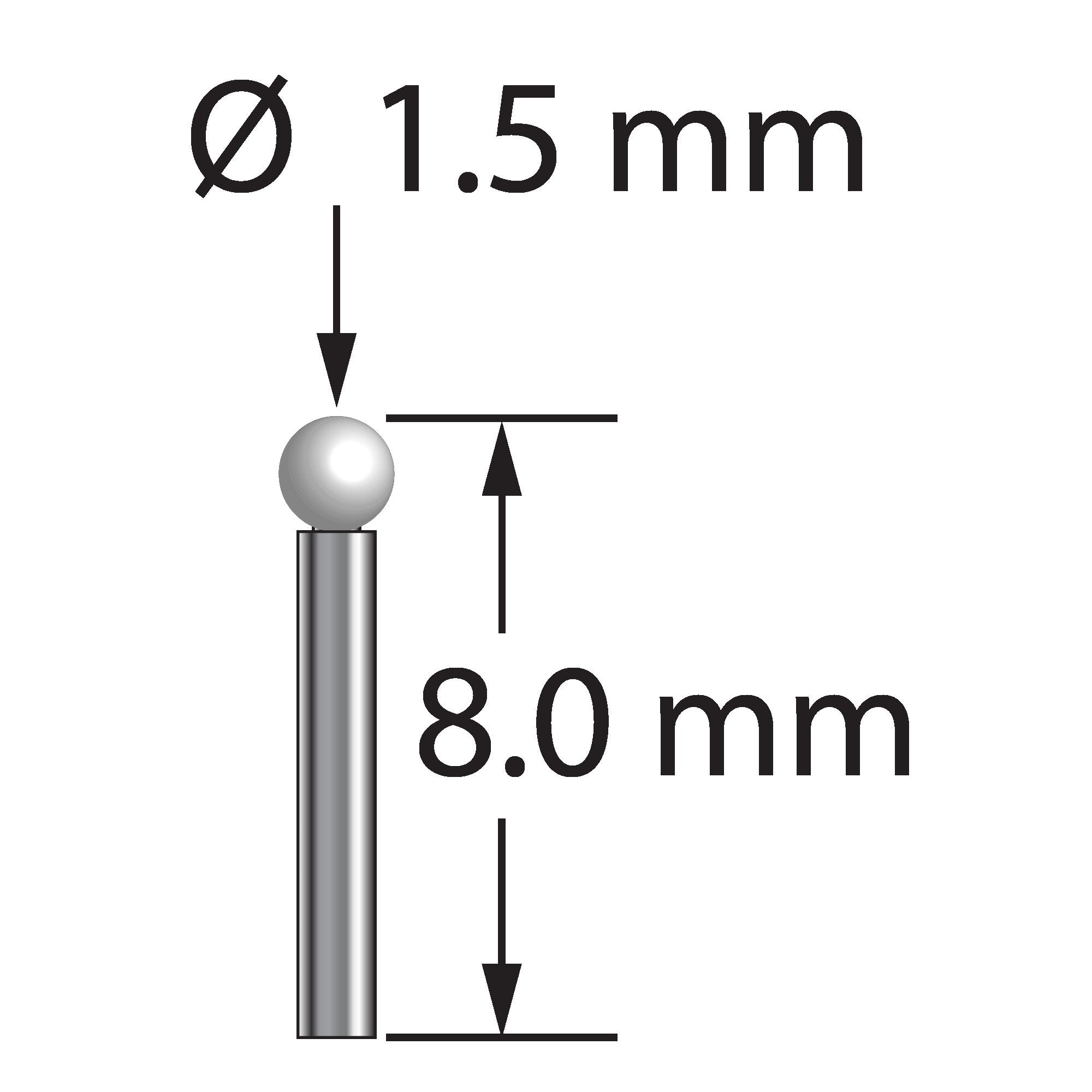 TST-1508-Z unthreaded stylus with 1.5mm zirconia ball and 1.0mm carbide stem, 8.0mm long by Q-Mark Manufacturing, Inc.