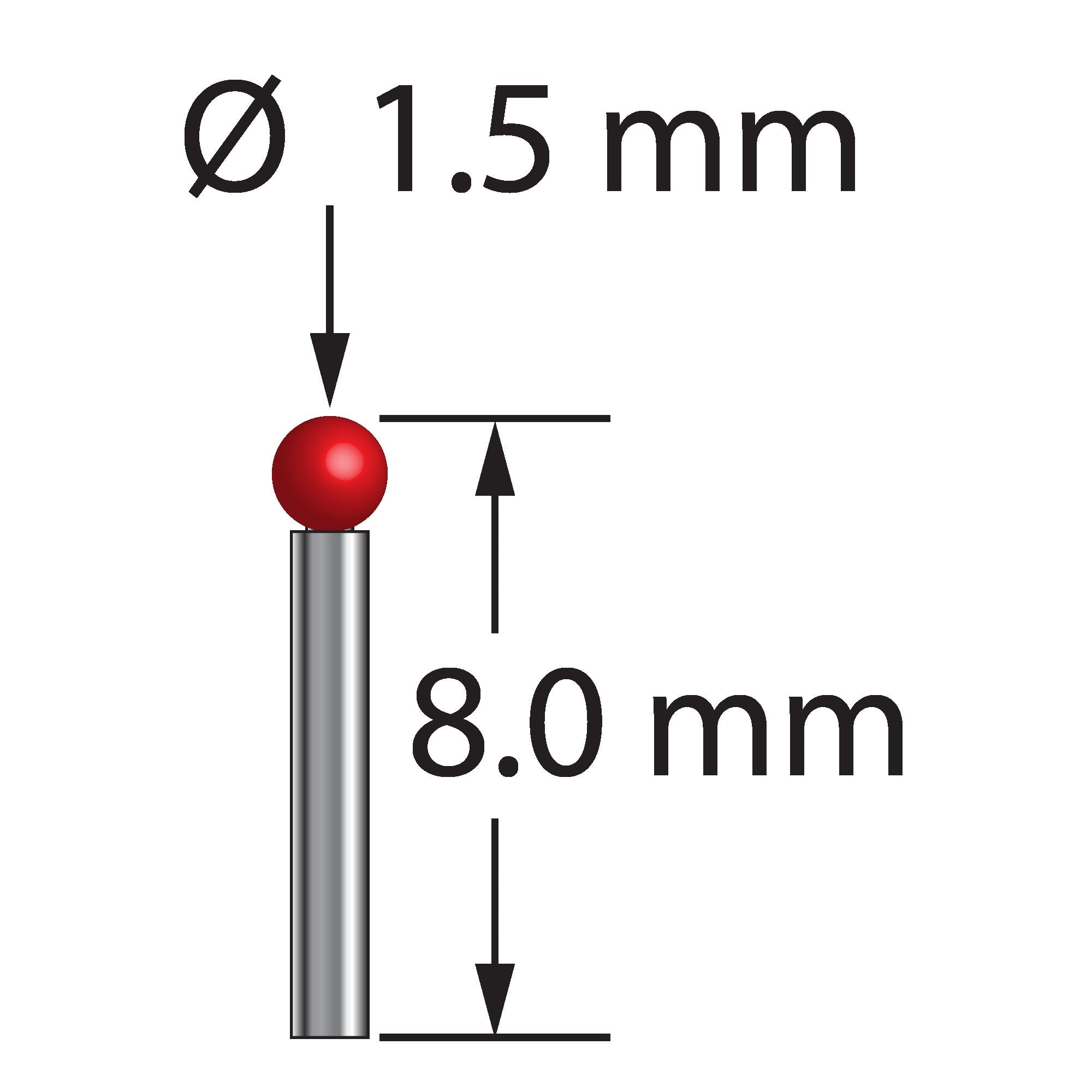 TST-1508 unthreaded stylus with 1.5mm ruby ball and 1.0mm carbide stem, 8.0mm long by Q-Mark Manufacturing, Inc.