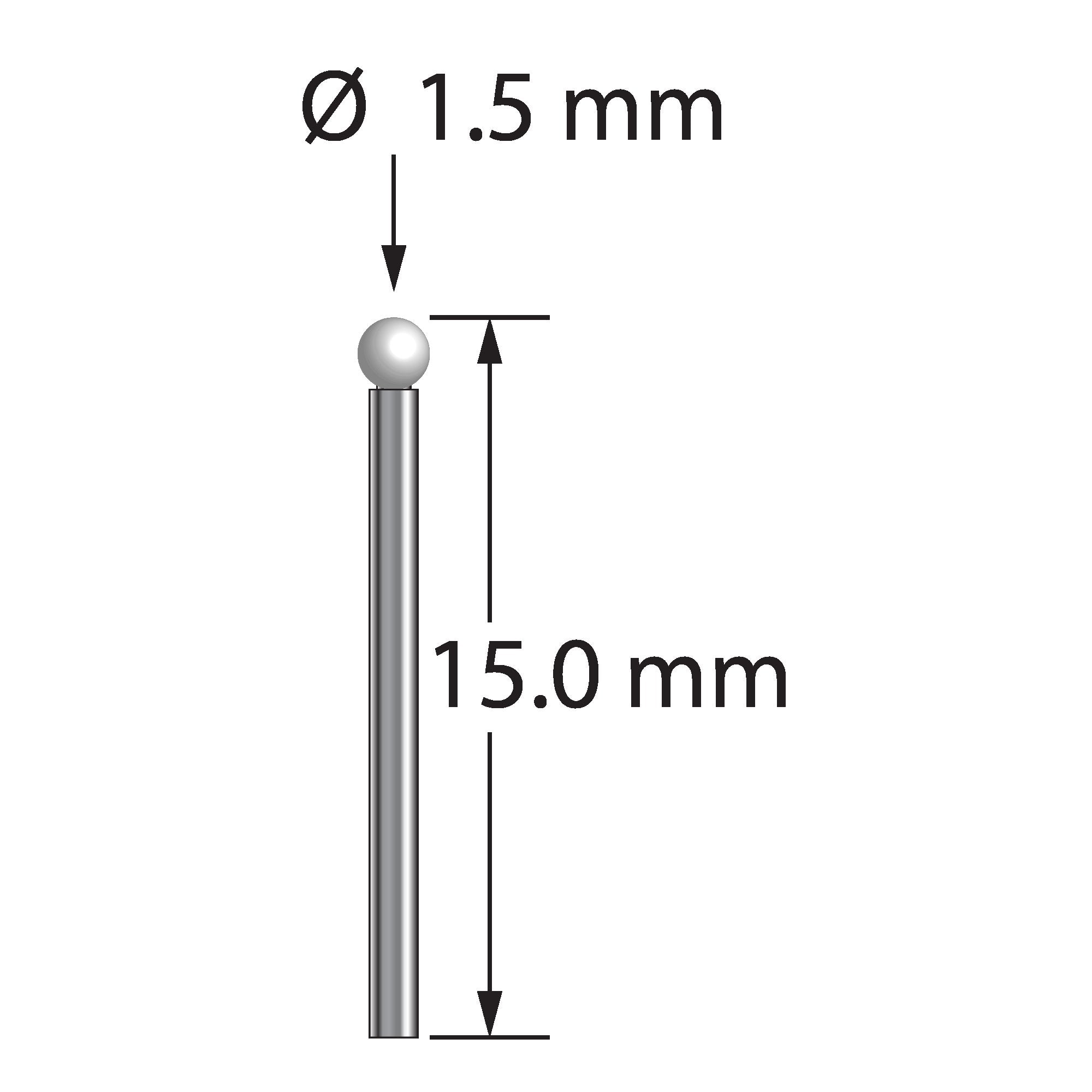 TST-1515-Z unthreaded stylus with 1.5mm zirconia ball and carbide stem, 15.0mm long by Q-Mark Manufacturing, Inc.