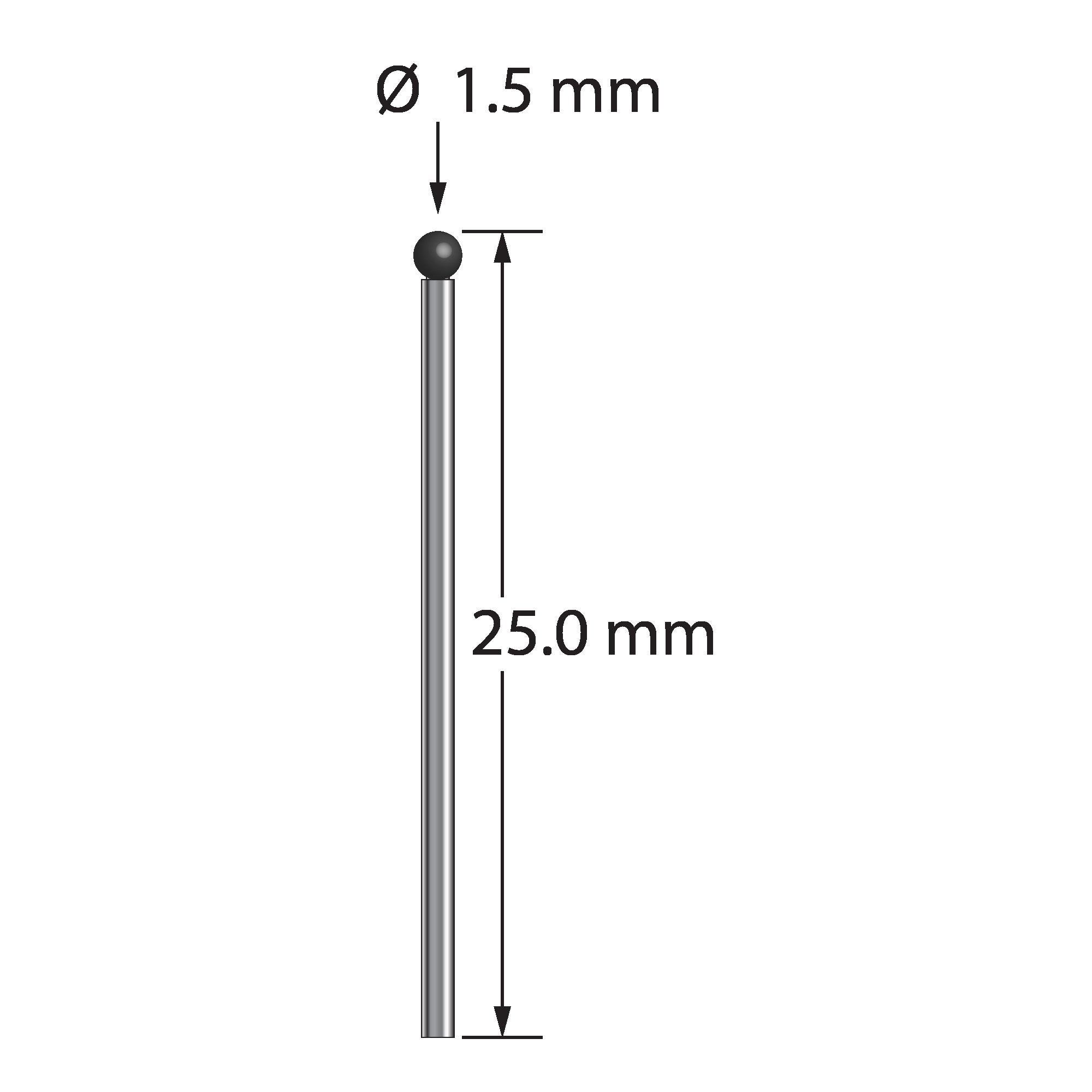TST-1525-SN unthreaded stylus with 1.5mm silicon nitride ball and carbide stem, 25.0mm long, by Q-Mark Manufacturing, Inc.