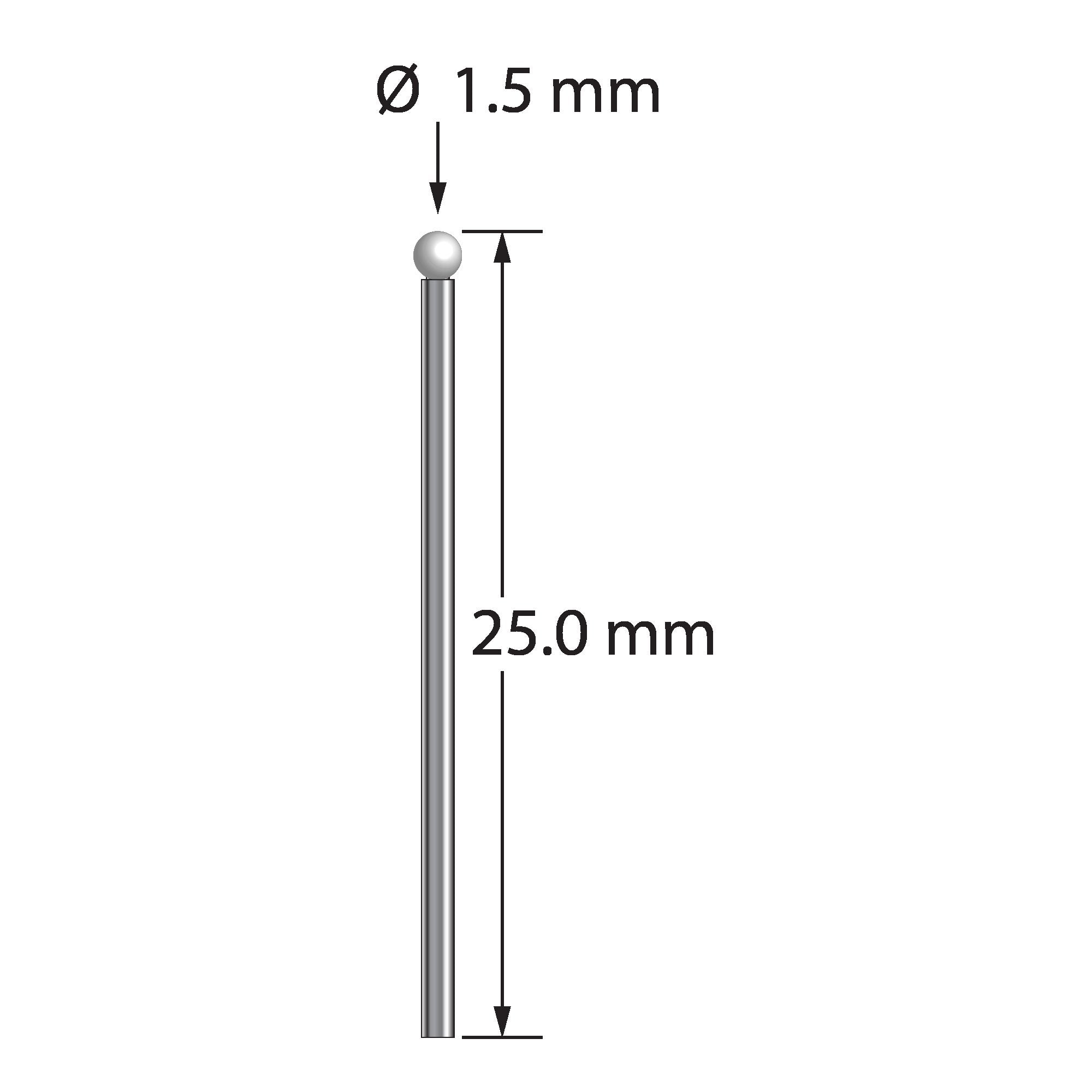 TST-1525-Z unthreaded stylus with 1.5mm zirconia ball, 1.0mm carbide stem, 25.0mm long by Q-Mark Manufacturing, Inc.