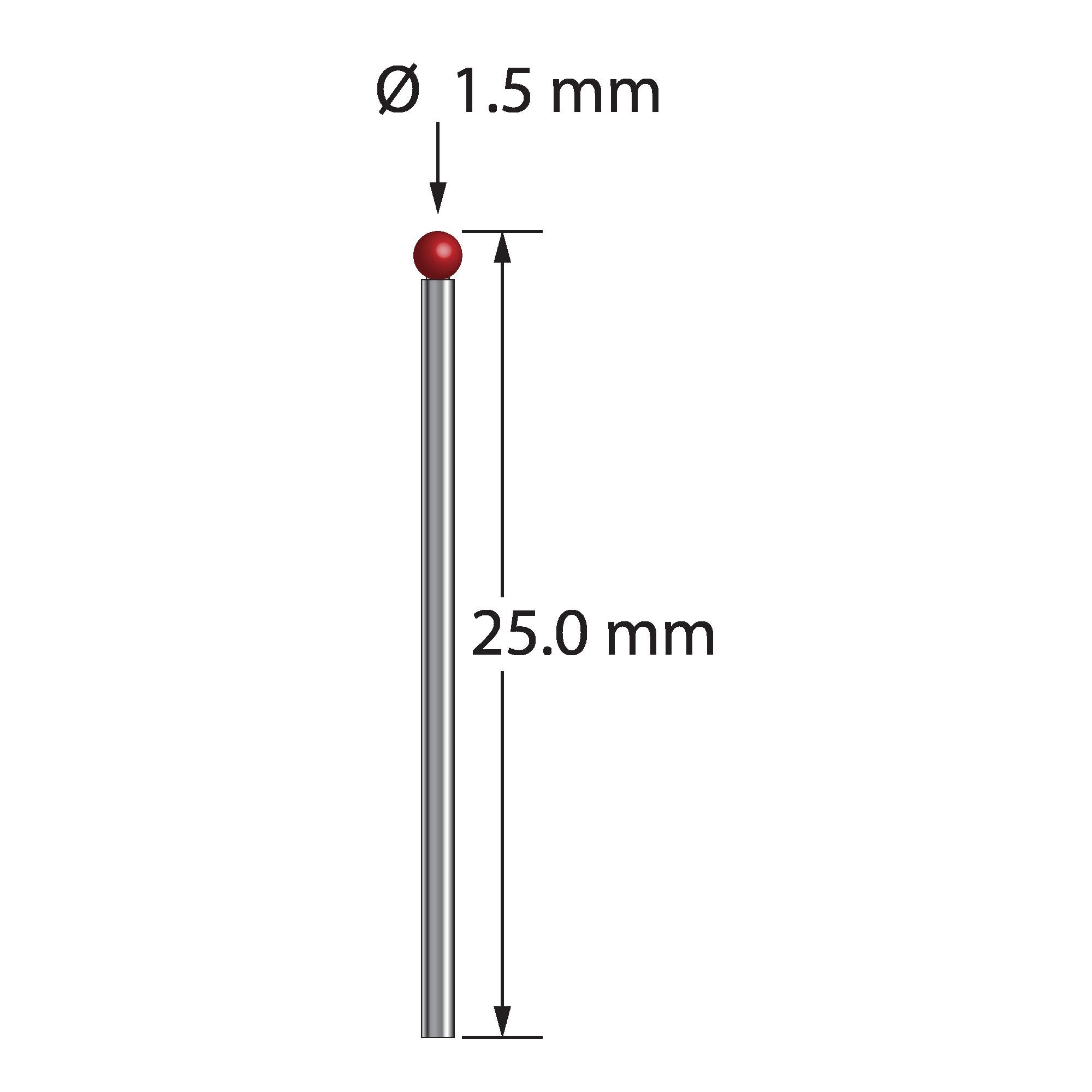 TST-1525 unthreaded stylus with a ruby ball, carbide stem, and 25.0 mm length by Q-Mark Manufacturing, Inc.
