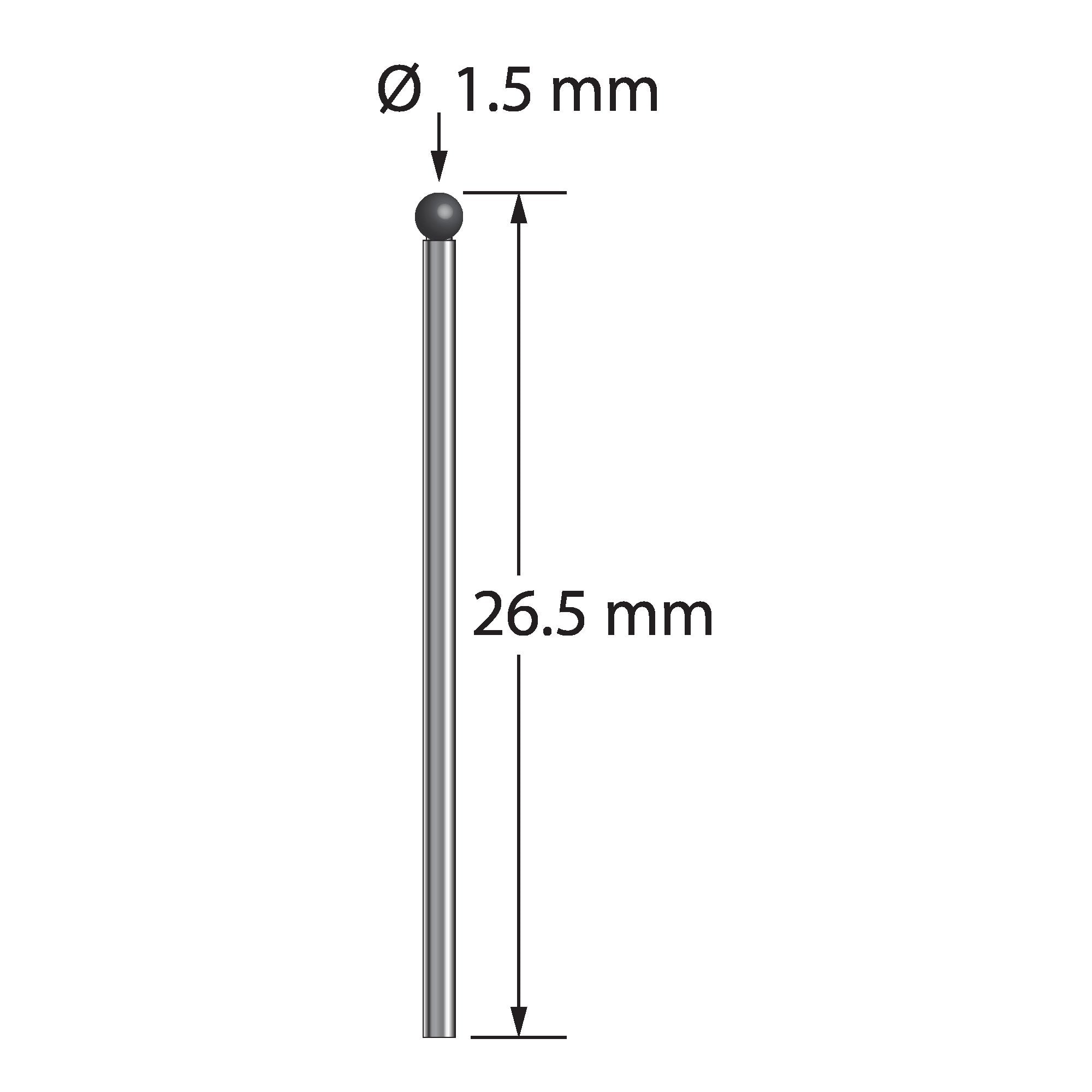 TST-1526-SN unthreaded stylus with 1.5mm silicon nitride ball and carbide stem, 26mm long, by Q-Mark Manufacturing, Inc.