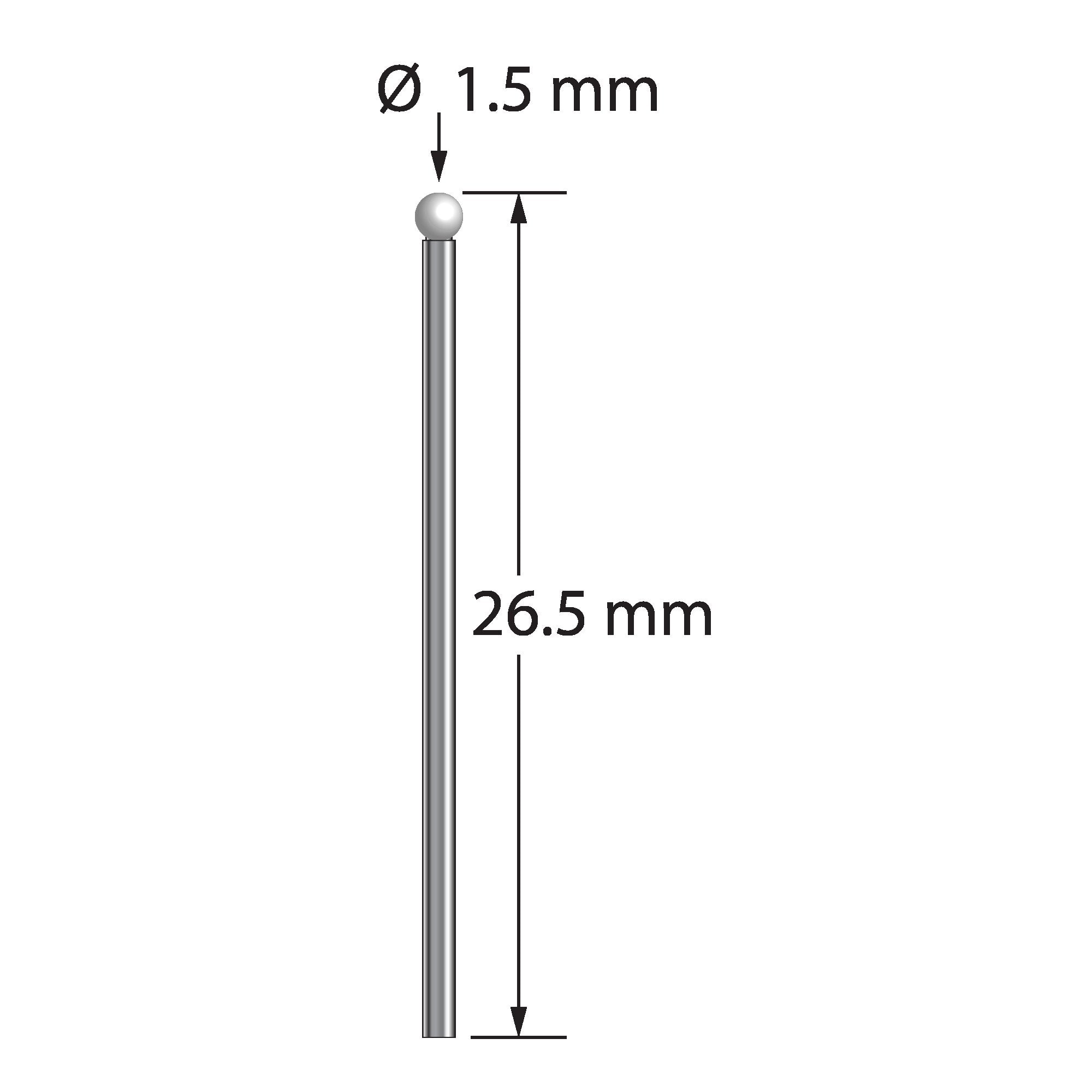TST-1526.5-Z unthreaded stylus with 1.5mm zirconia ball and carbide stem, 25.0mm long by Q-Mark Manufacturing, Inc.