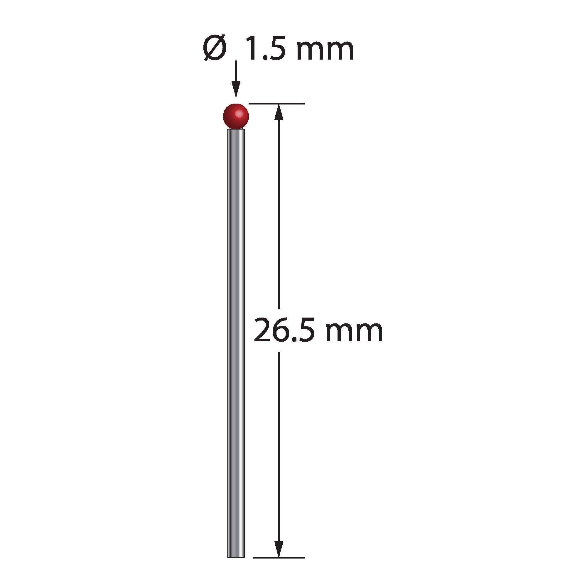 TST-1526.5 unthreaded stylus with 1.5mm ruby ball, 1.0mm carbide stem, 25.0mm length by Q-Mark Manufacturing, Inc.
