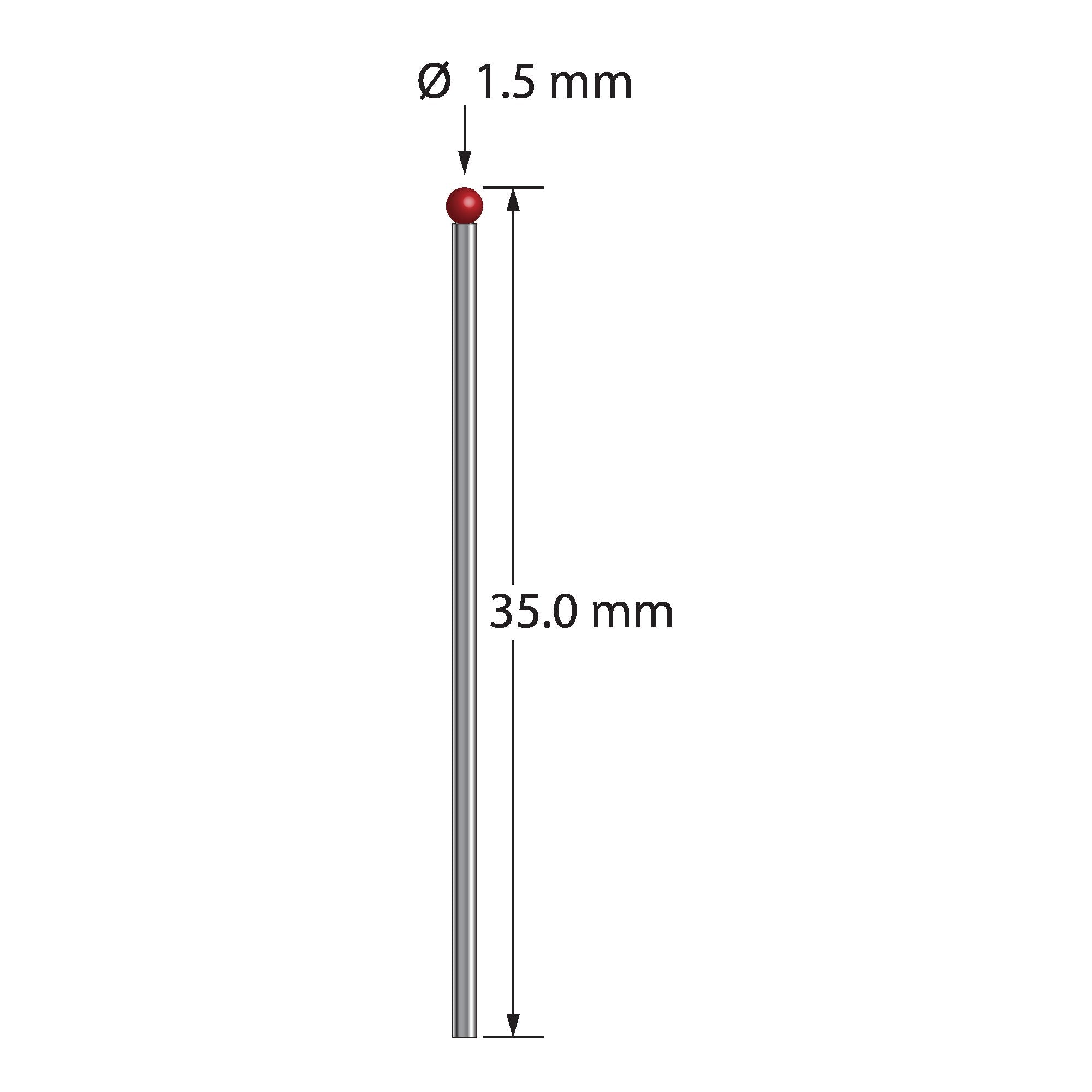 TST-1535 unthreaded stylus with 1.5mm ruby ball and 1.0mm carbide stem, 35.0mm long by Q-Mark Manufacturing, Inc.