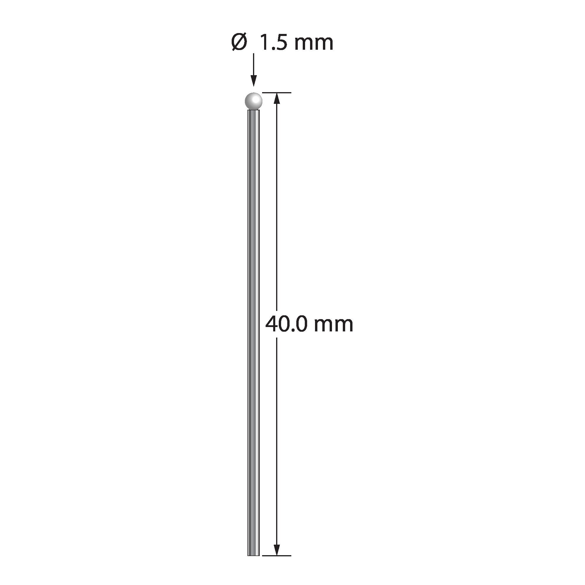 TST-1540-Z unthreaded stylus with 1.5mm zirconia ball and carbide stem, 40mm long, by Q-Mark Manufacturing, Inc.