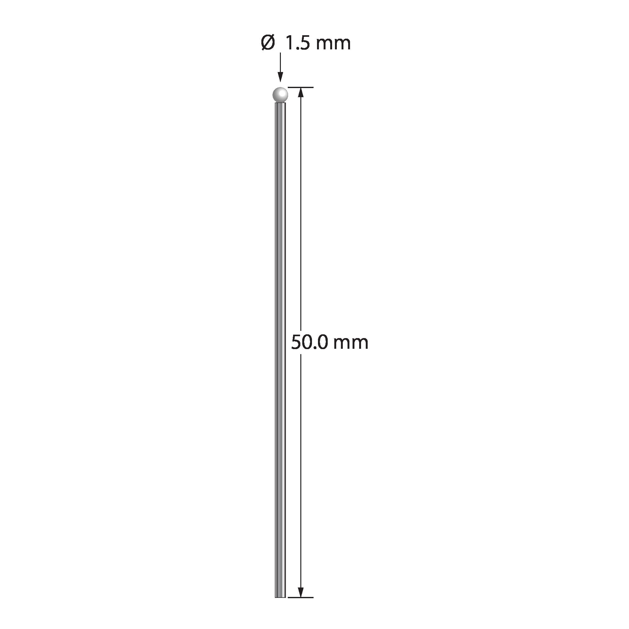 TST-1550-Z unthreaded stylus with 1.5mm zirconia ball and carbide stem, 50mm long, by Q-Mark Manufacturing, Inc.