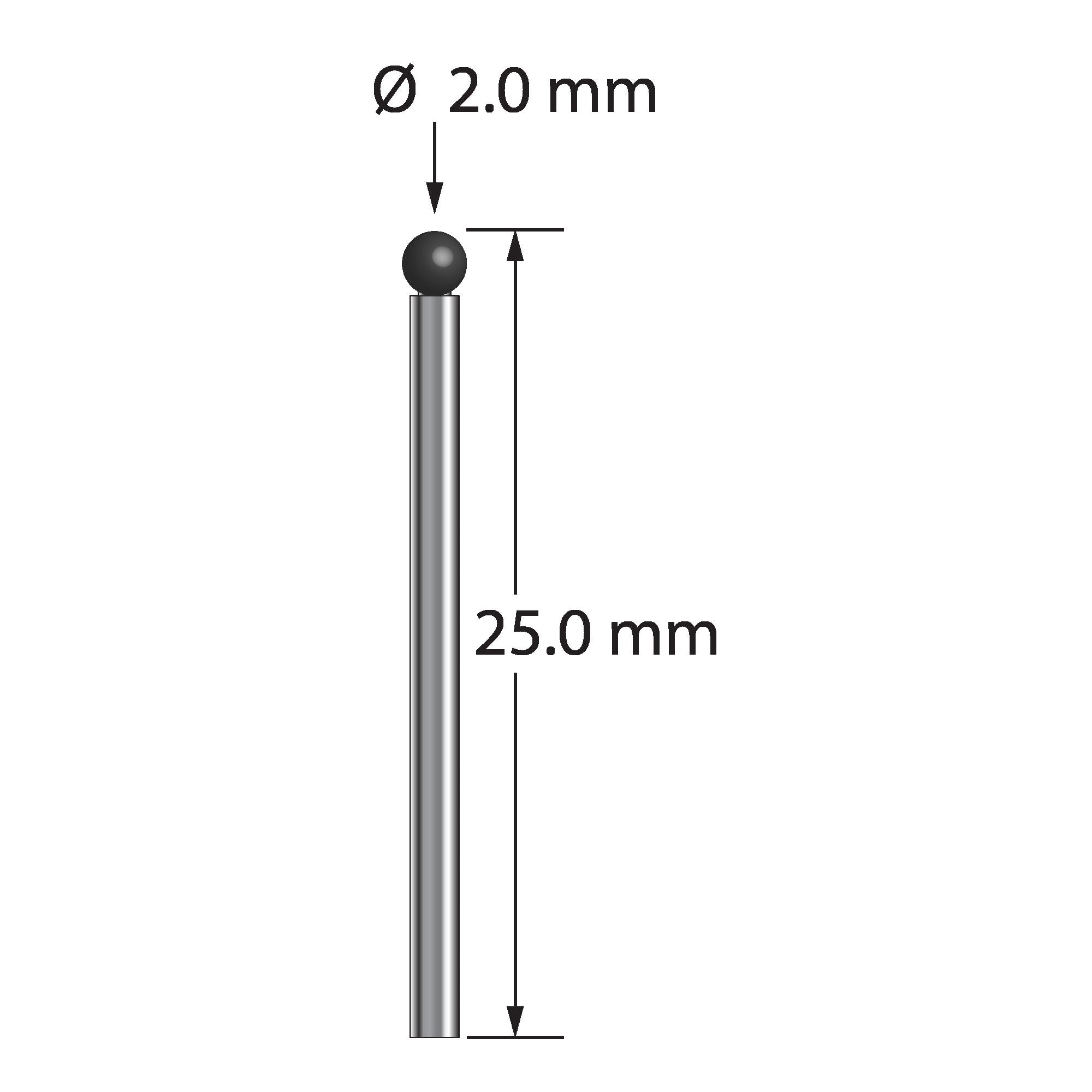 TST-2025-SN unthreaded stylus with 2.0mm silicon nitride ball and carbide stem, 25.0mm long.