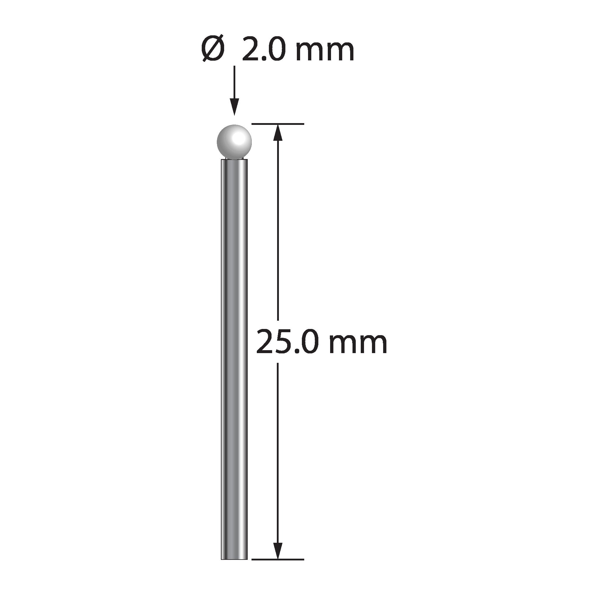 TST-2025-Z unthreaded stylus with 2.0mm zirconia ball and carbide stem, 25.0mm long by Q-Mark Manufacturing, Inc.