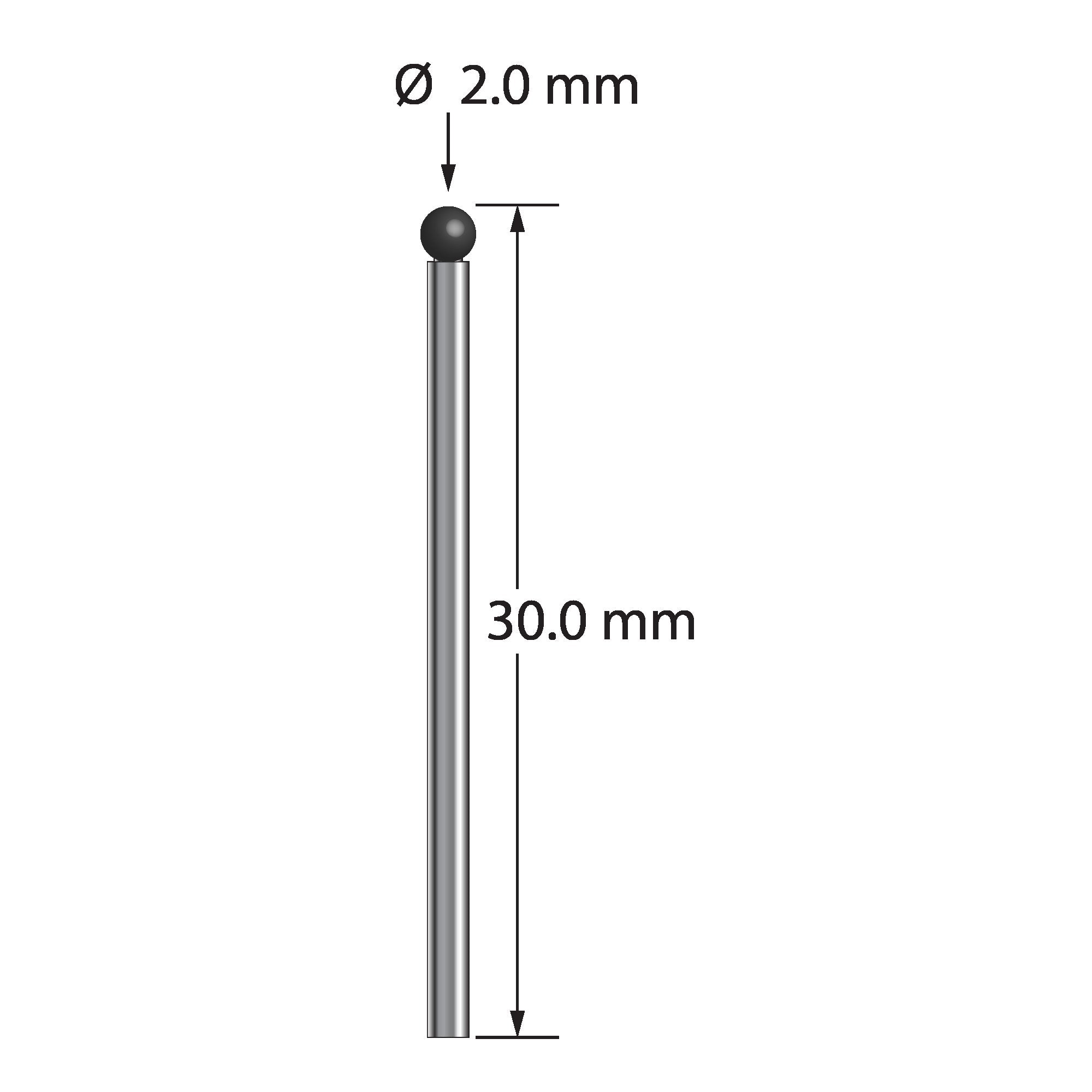 TST-2030-SN unthreaded stylus with 2.0mm silicon nitride ball and carbide stem, 30.0mm long by Q-Mark Manufacturing, Inc.