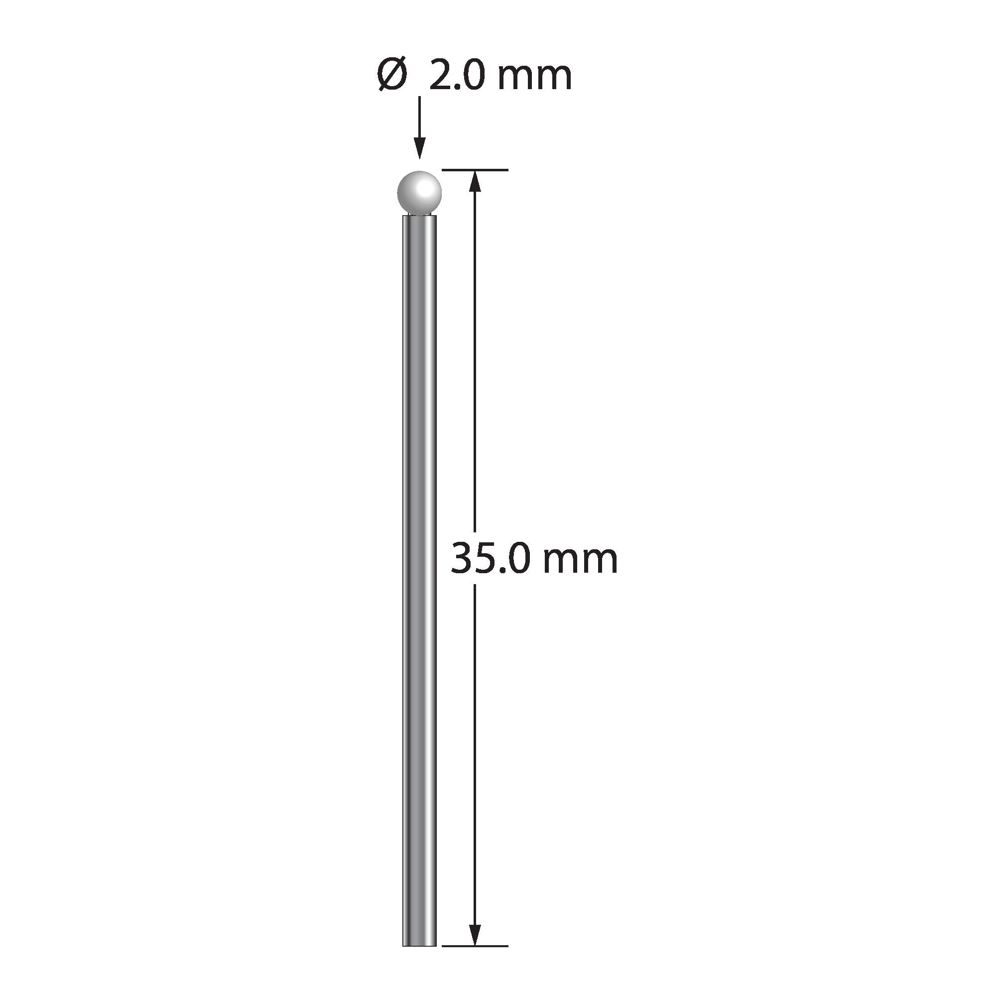 TST-2035-Z unthreaded stylus with 2.0mm zirconia ball and carbide stem, 35.0mm long.