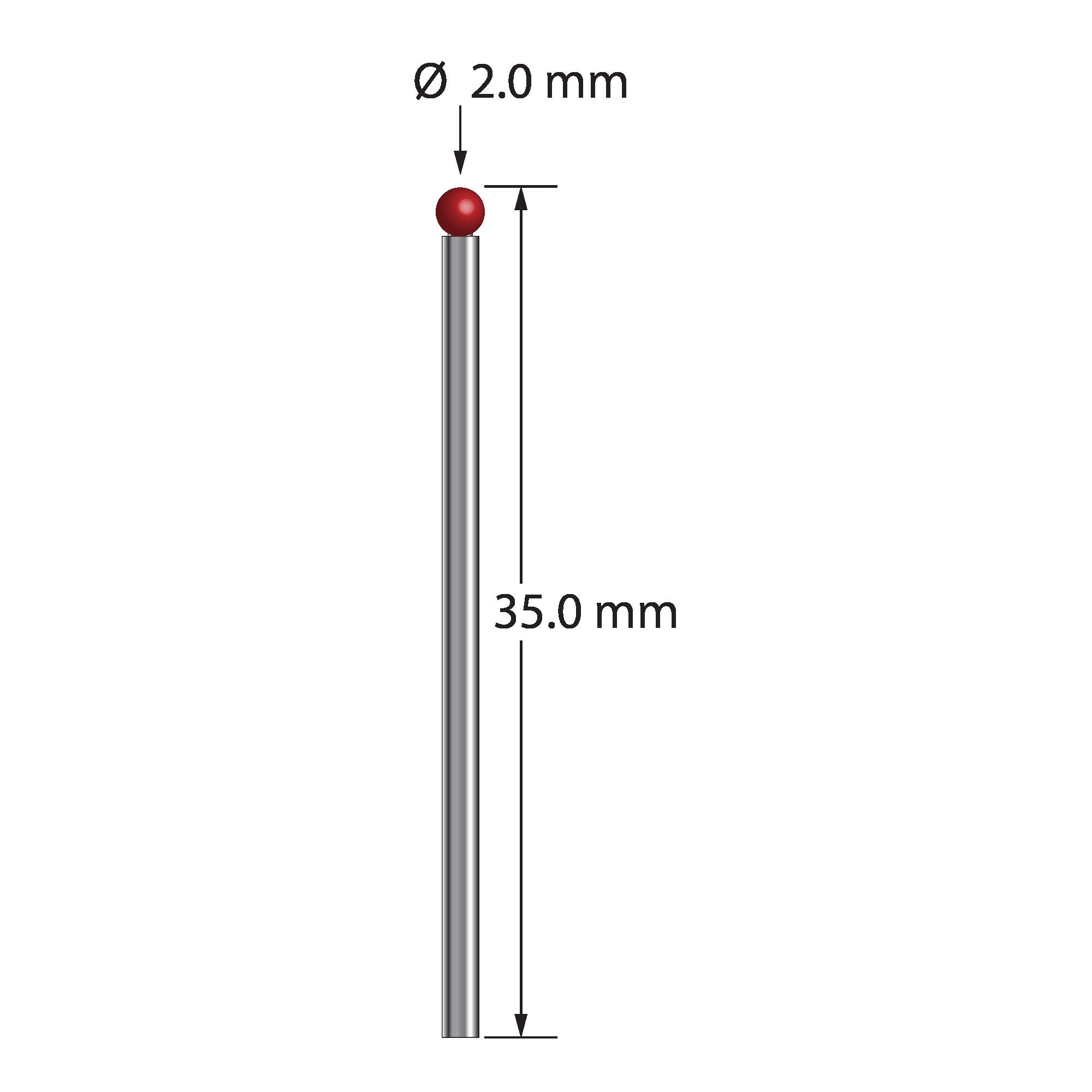 TST-2035 unthreaded stylus with 2.0mm ruby ball and carbide stem, 35.0mm long by Q-Mark Manufacturing, Inc.