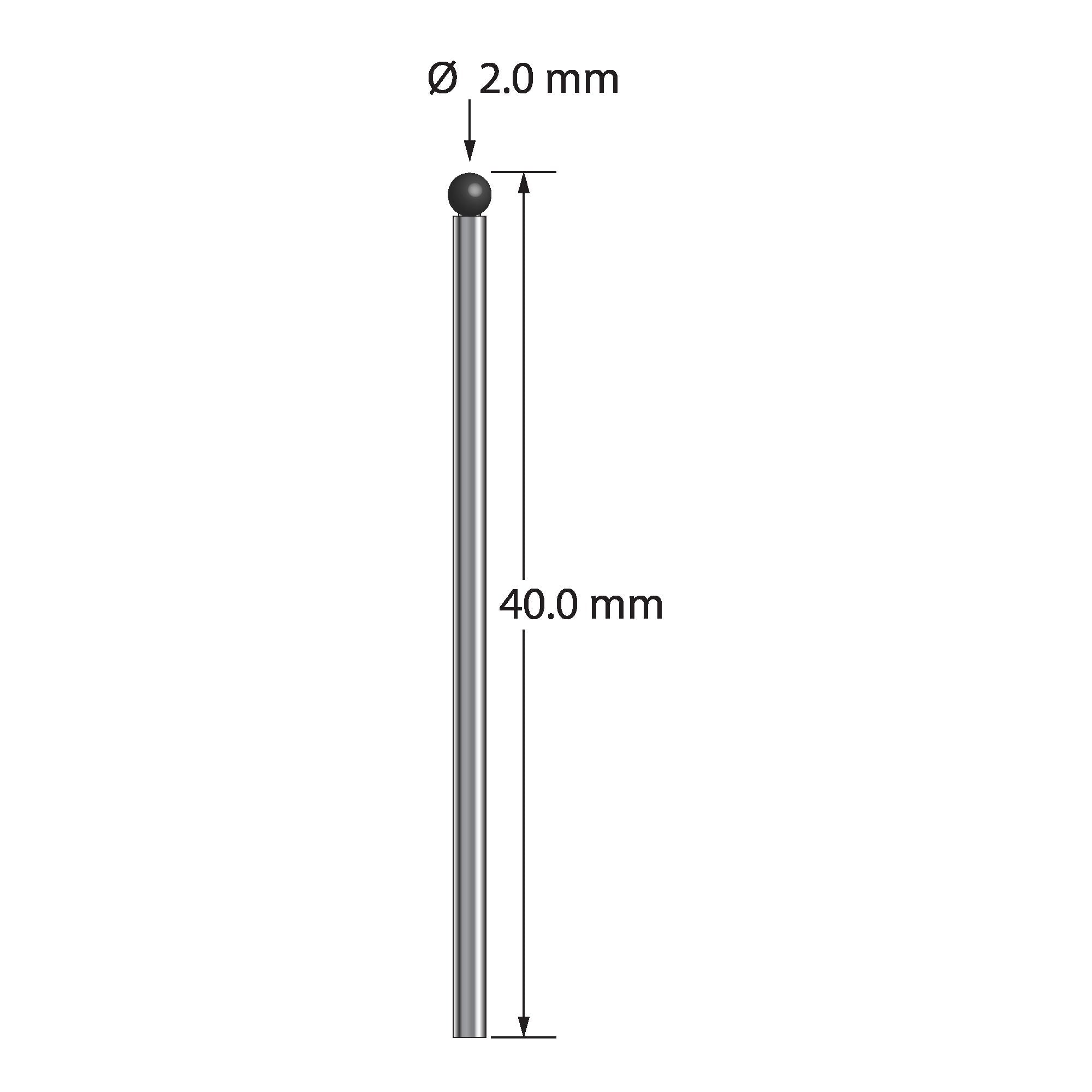 TST-2040-SN unthreaded stylus with 2.0mm silicon nitride ball and carbide stem, 40.0mm long.