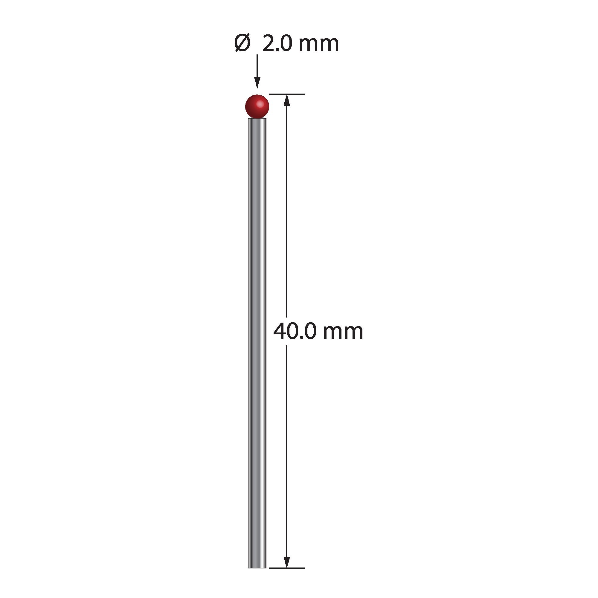 TST-2040 unthreaded stylus with 2.0mm ruby ball and carbide stem, 40mm long, by Q-Mark Manufacturing, Inc.