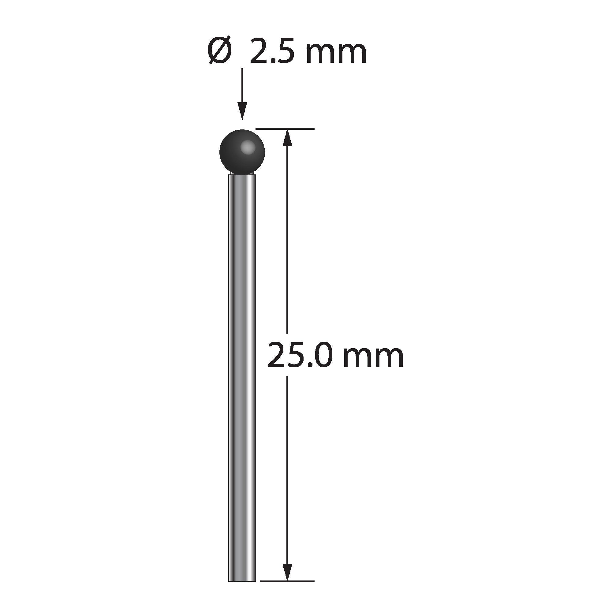 TST-2525-SN unthreaded stylus with 2.5mm silicon nitride ball and carbide stem, 25mm long.