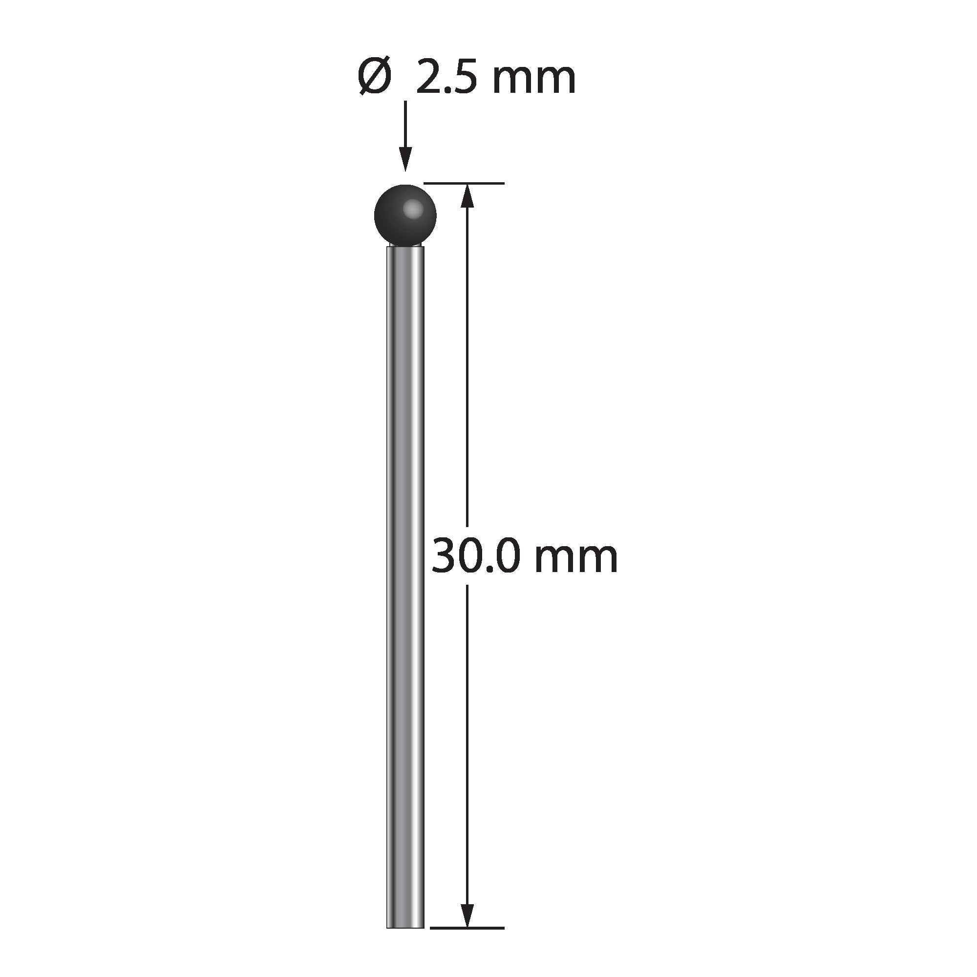 TST-2530-SN unthreaded stylus with 2.5mm silicon nitride ball and carbide stem, 30mm long.
