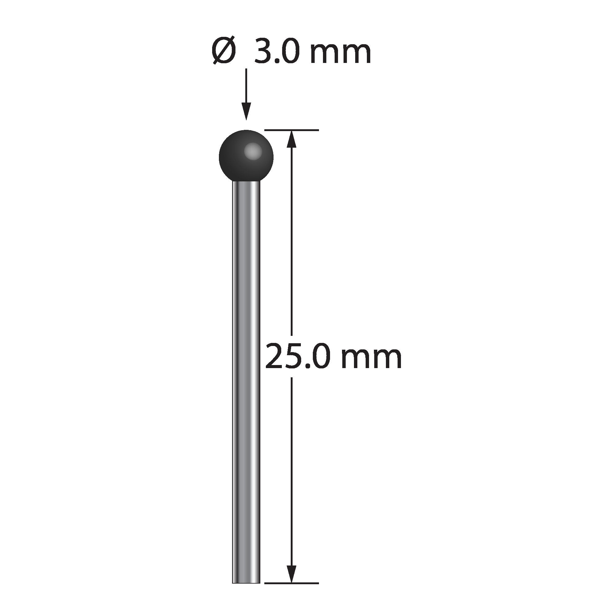 TST-3025-SN unthreaded stylus with 3.0mm silicon nitride ball and carbide stem, 25.0mm long.