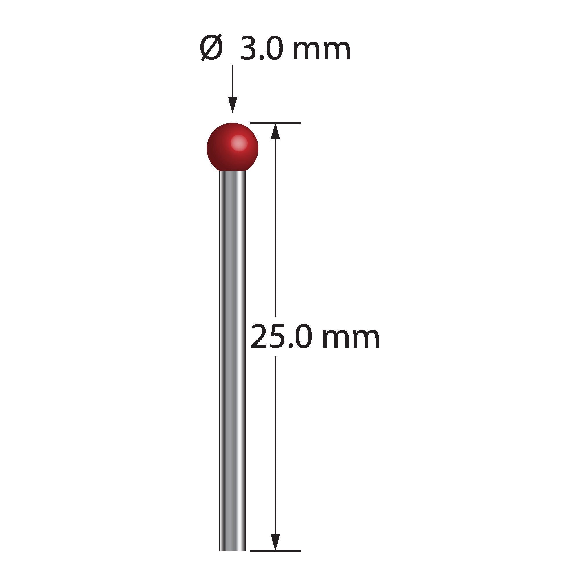 TST-3025 unthreaded stylus with 3.0mm ruby ball and 1.5mm carbide stem, 25.0mm long by Q-Mark Manufacturing, Inc.