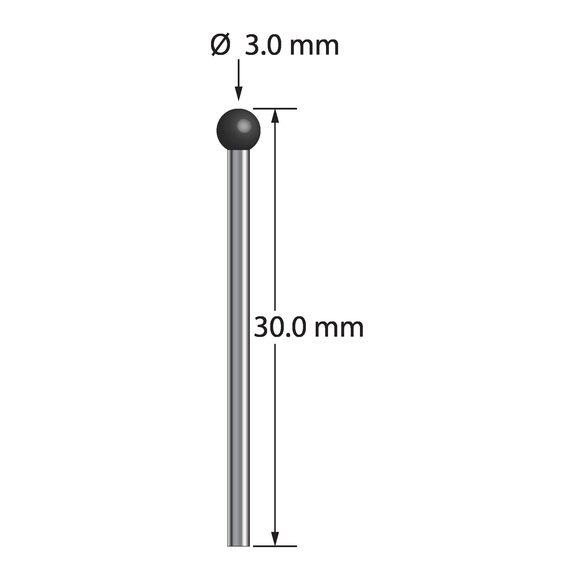 TST-3030-SN unthreaded stylus with 3.0mm silicon nitride ball and carbide stem, 30.0mm long.